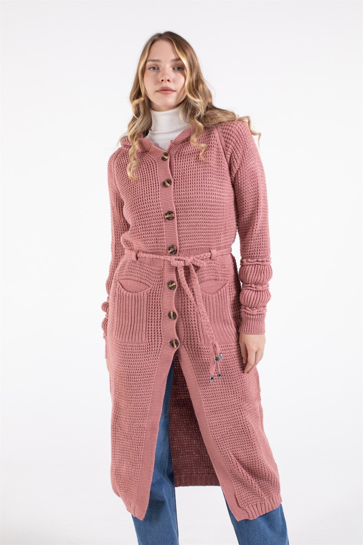 Belden Bağlamalı Çift Cepli Kapişonlu Uzun Hırka  Gül Kurusu