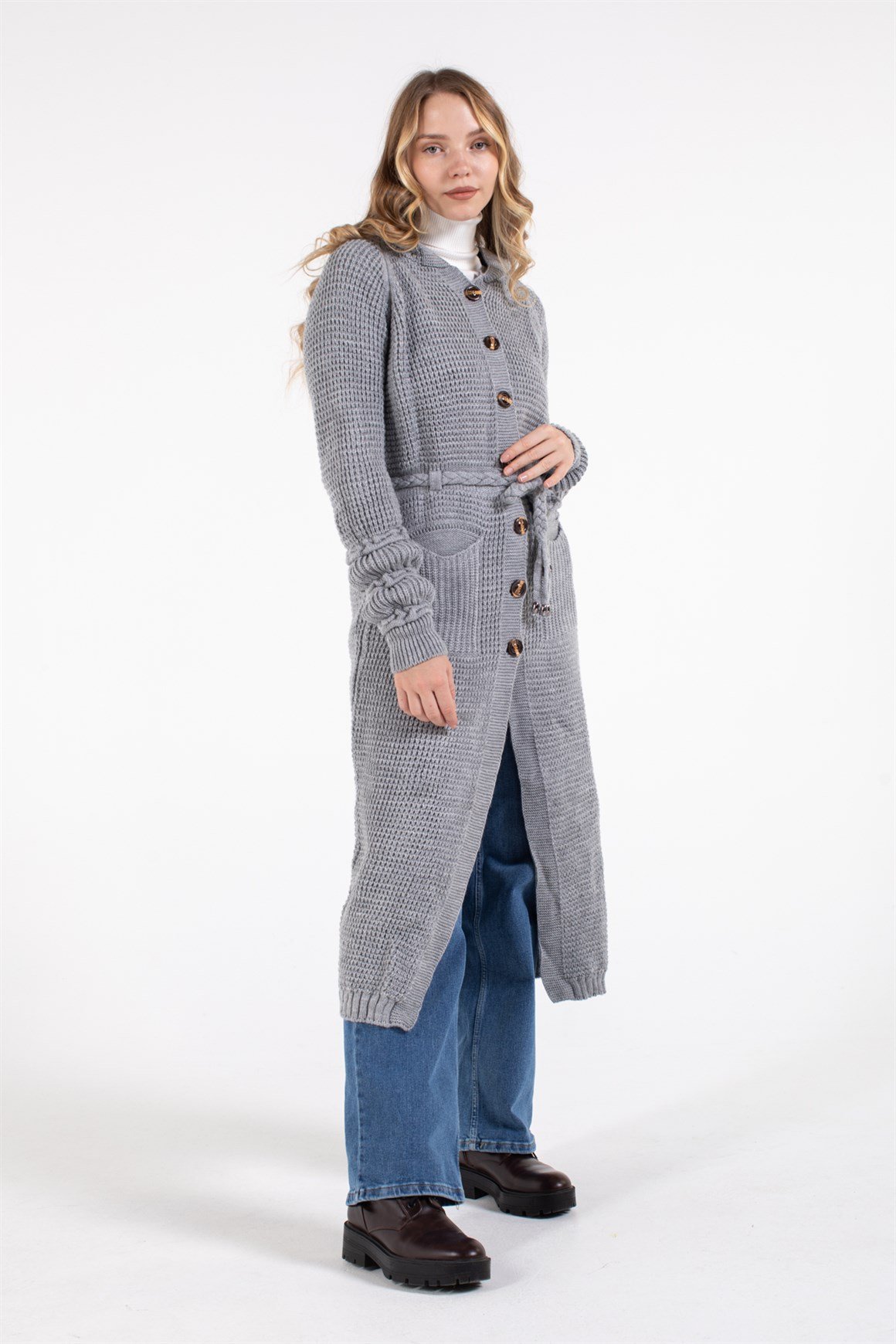 Belden Bağlamalı Çift Cepli Kapişonlu Uzun Hırka  Gri