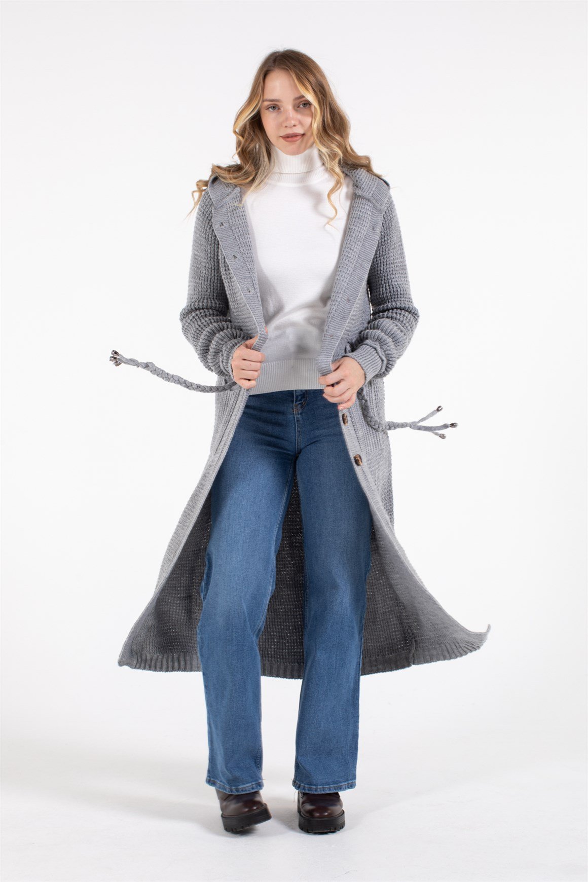 Belden Bağlamalı Çift Cepli Kapişonlu Uzun Hırka  Gri