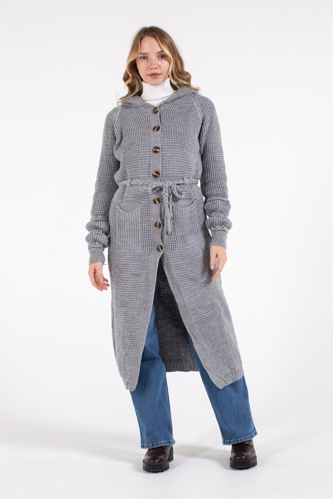 Belden Bağlamalı Çift Cepli Kapişonlu Uzun Hırka  Gri