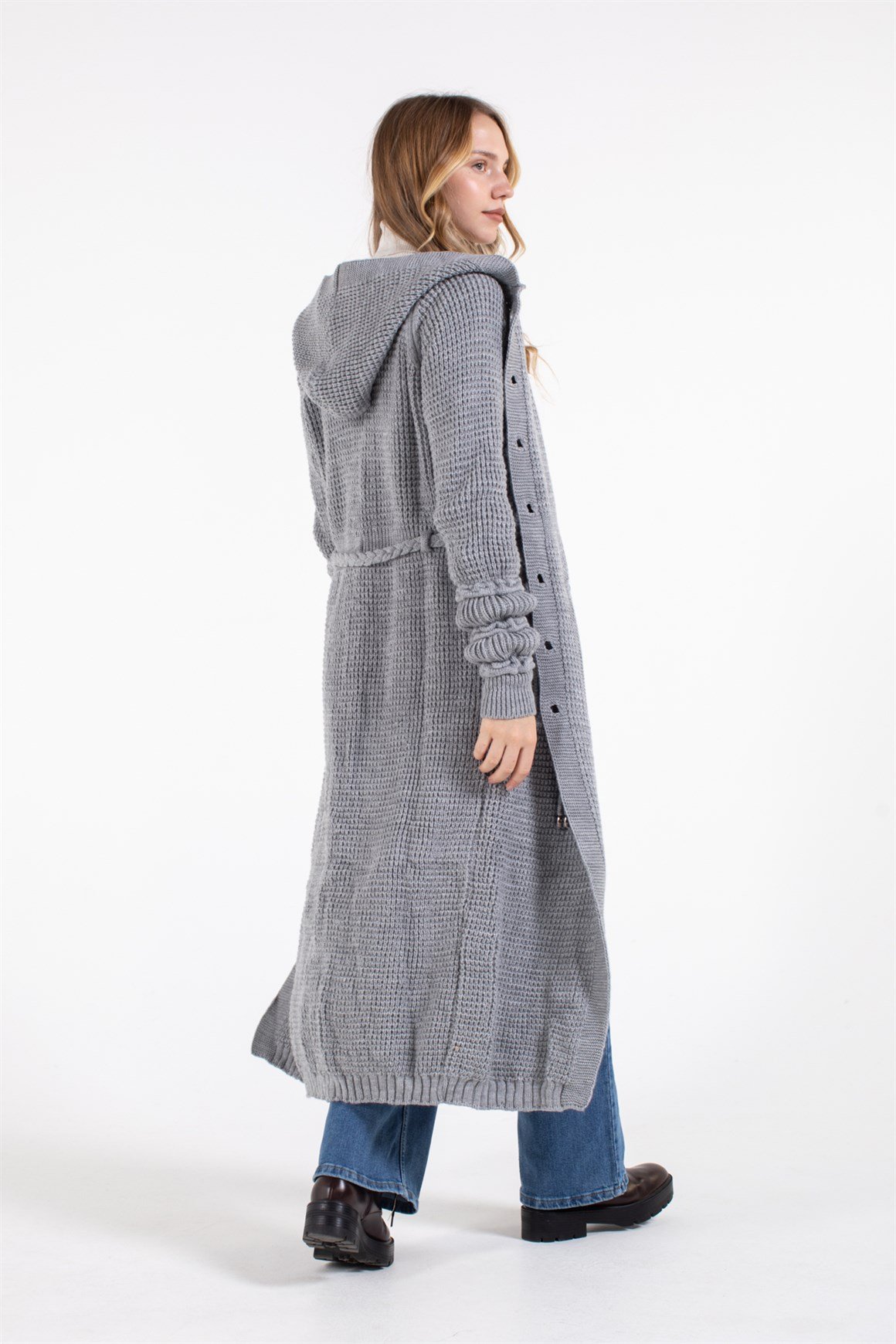 Belden Bağlamalı Çift Cepli Kapişonlu Uzun Hırka  Gri