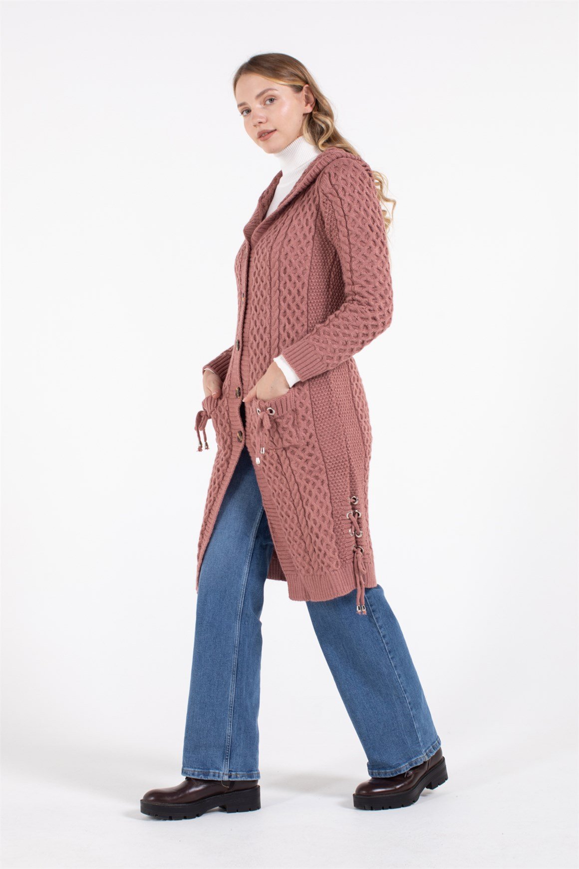 Cepte Fiyonk Detaylı Ara Boy Hırka  Gül Kurusu