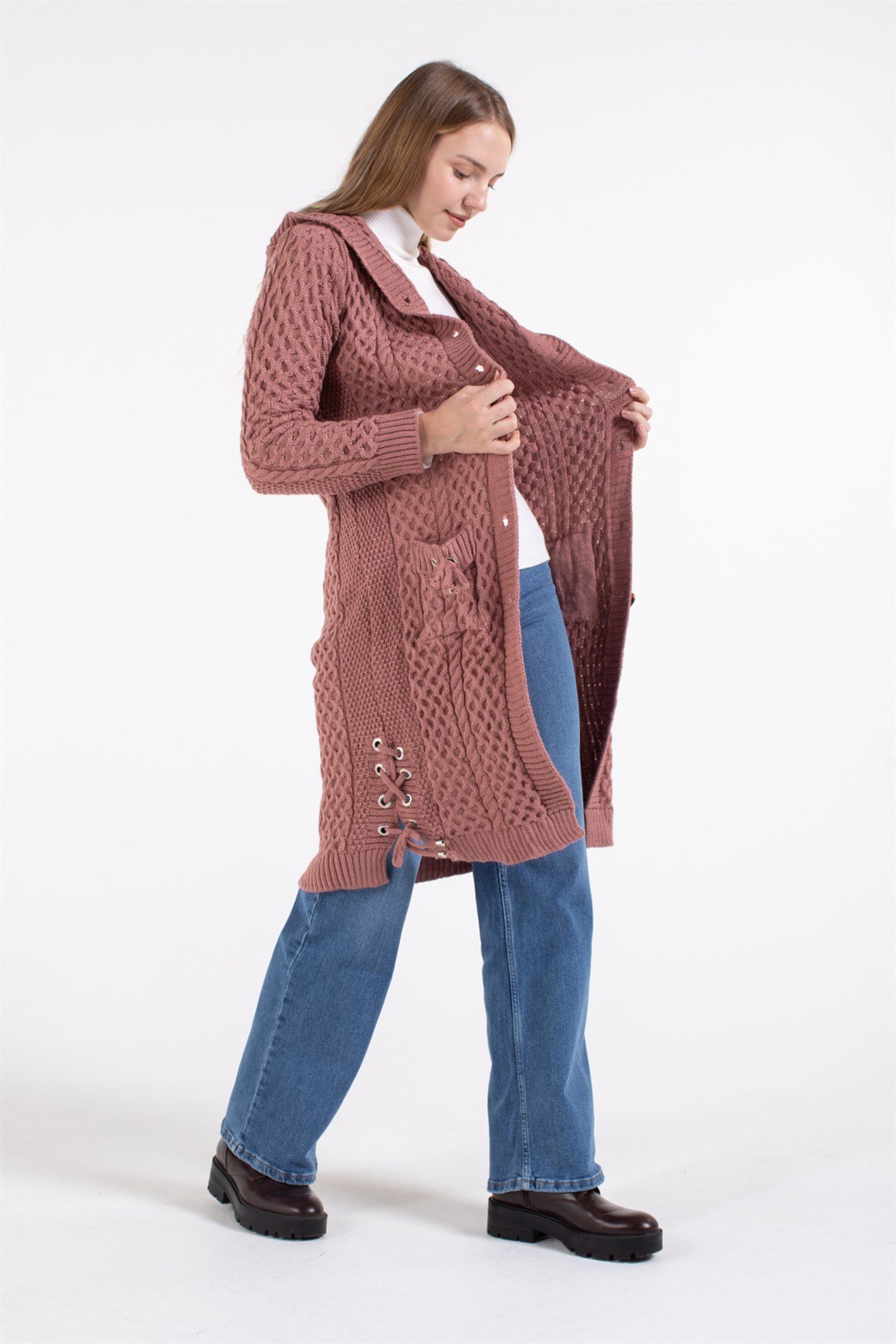 Cepte Fiyonk Detaylı Ara Boy Hırka  Gül Kurusu