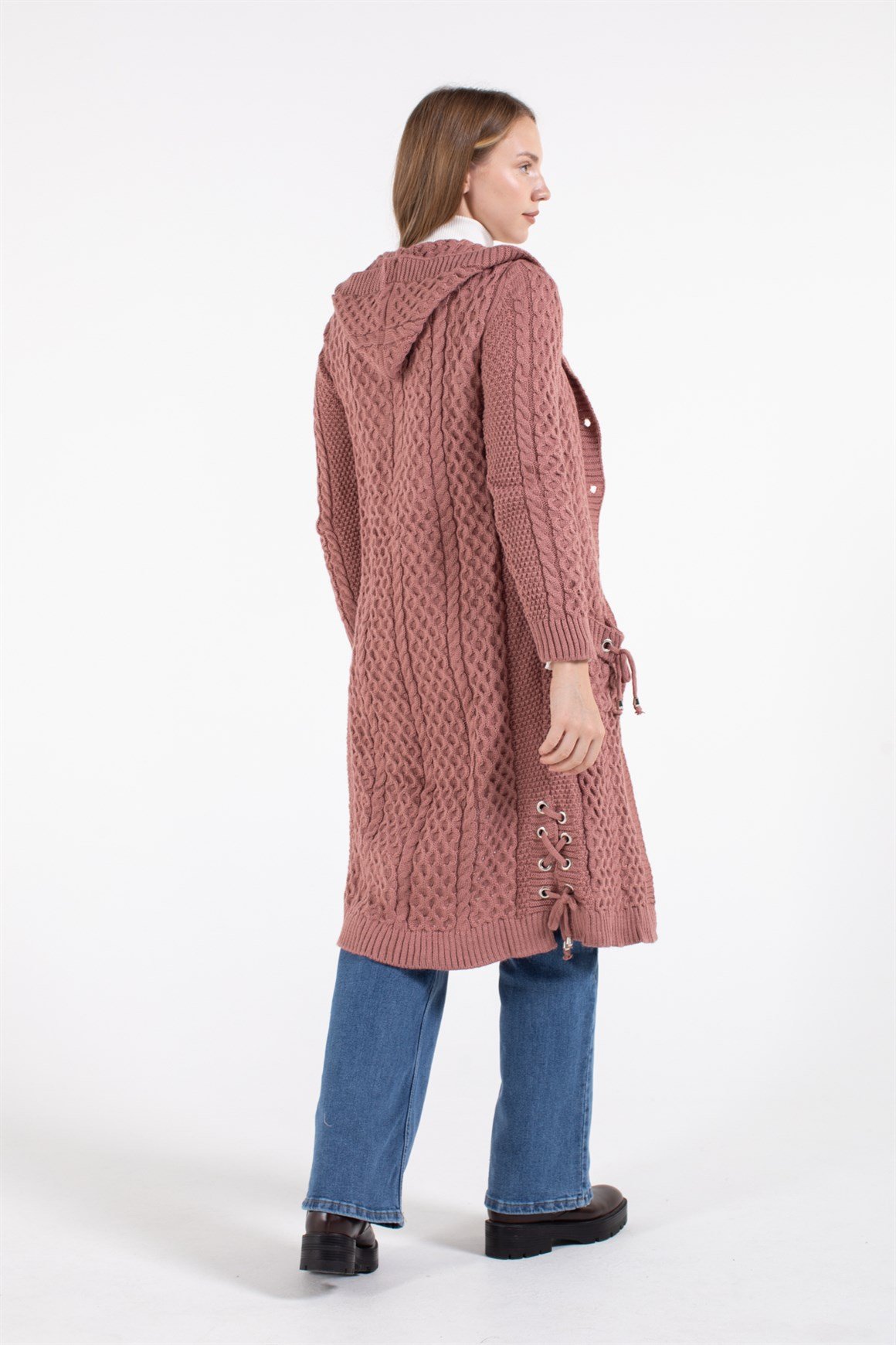 Cepte Fiyonk Detaylı Ara Boy Hırka  Gül Kurusu