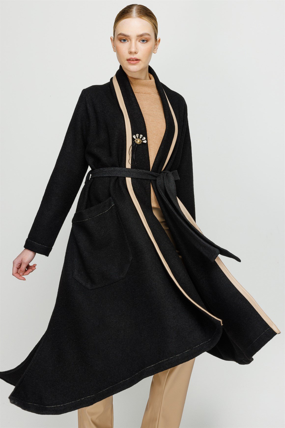 Deri Detaylı Kalın Kurtarıcı Hırka  Siyah