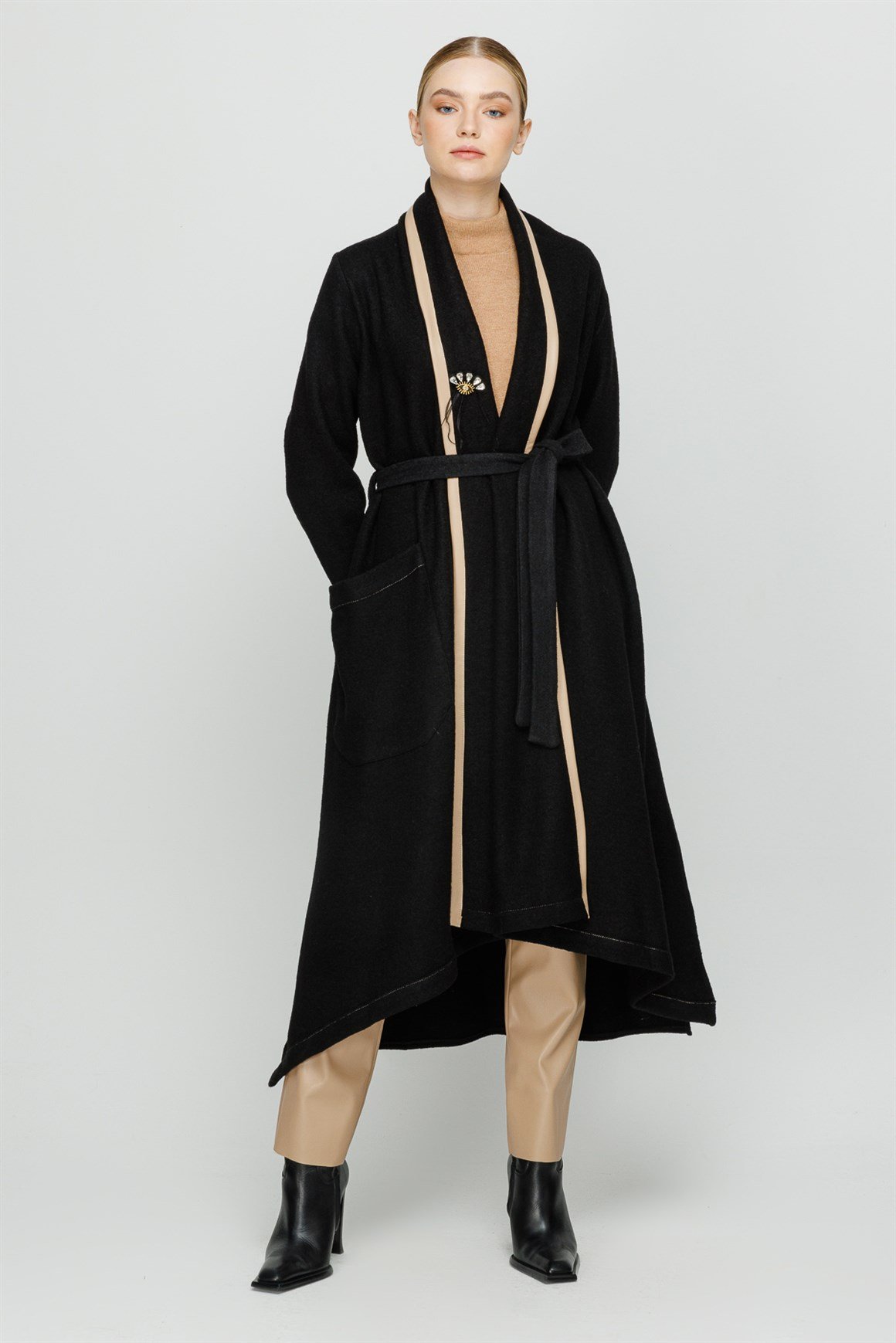 Deri Detaylı Kalın Kurtarıcı Hırka  Siyah