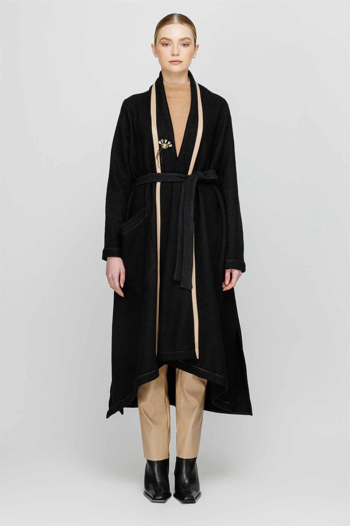 Deri Detaylı Kalın Kurtarıcı Hırka  Siyah