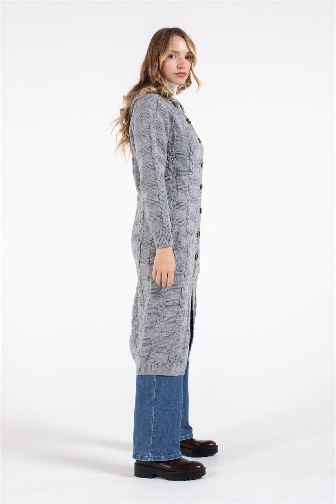 İnci Çakma Detaylı Önden Çift Cepli Uzun Hırka  Gri