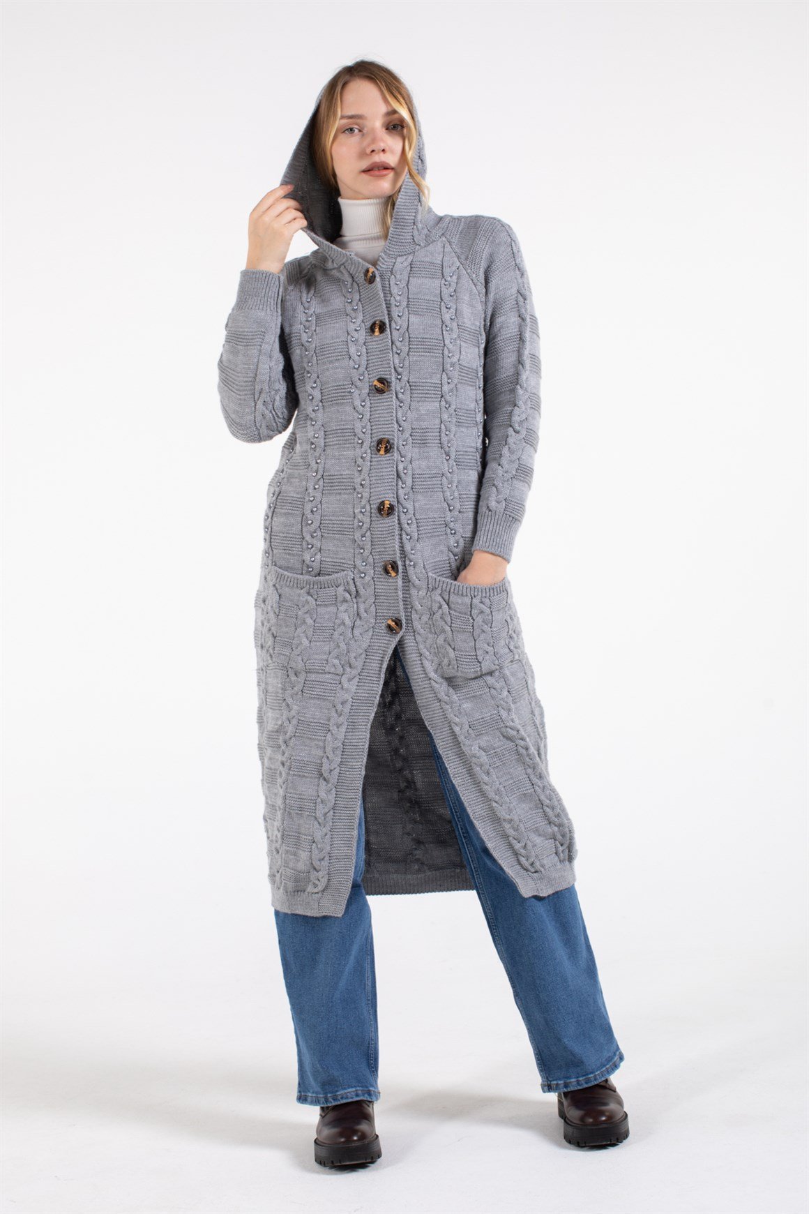 İnci Çakma Detaylı Önden Çift Cepli Uzun Hırka  Gri