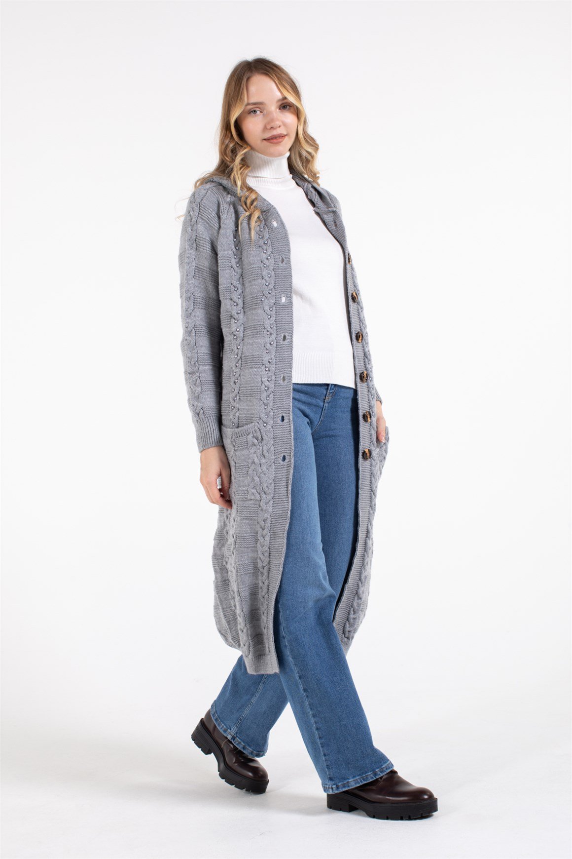 İnci Çakma Detaylı Önden Çift Cepli Uzun Hırka  Gri