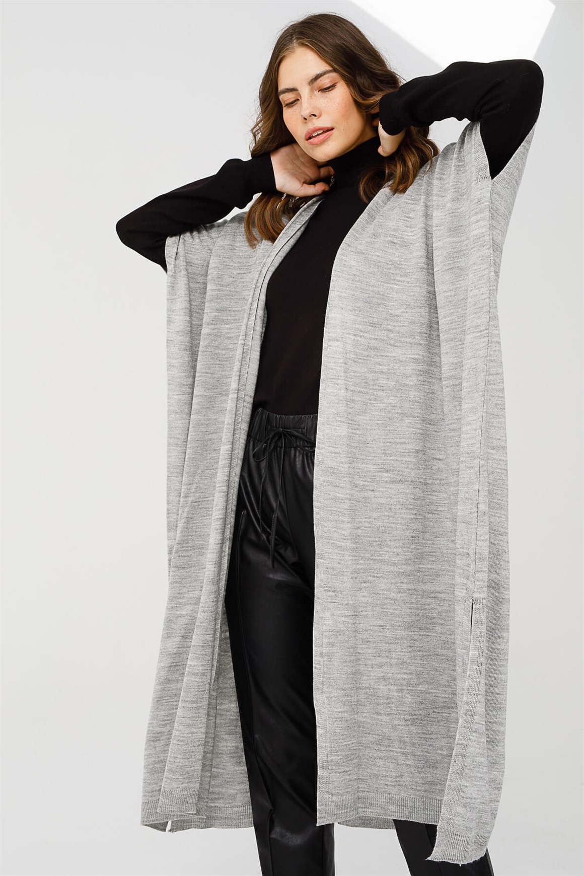 Kapri Kol Salaş Kesim Uzun Boy Önü Açık Hırka  Gri