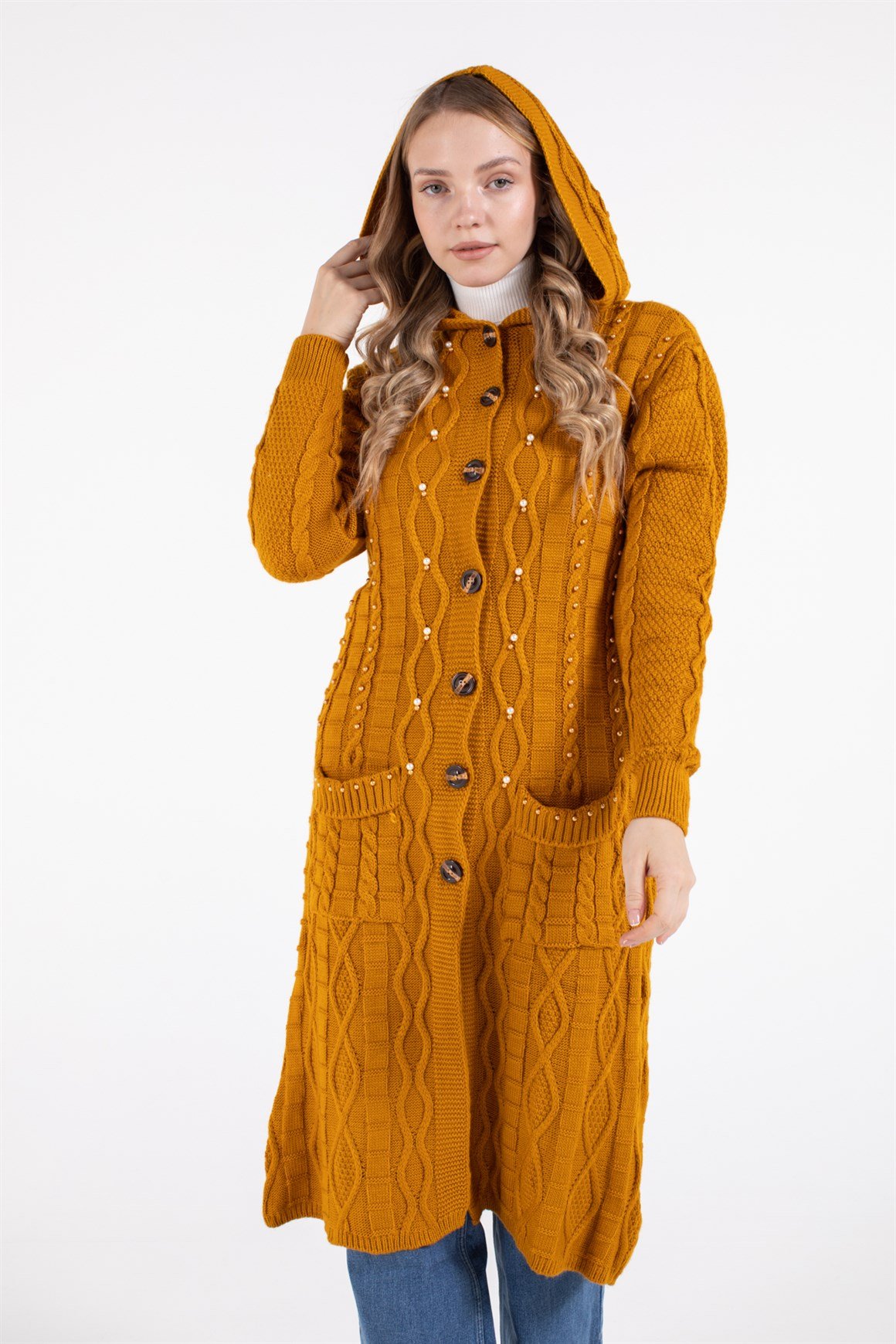 Önden Cepli Kapişonlu Hırka  Hardal