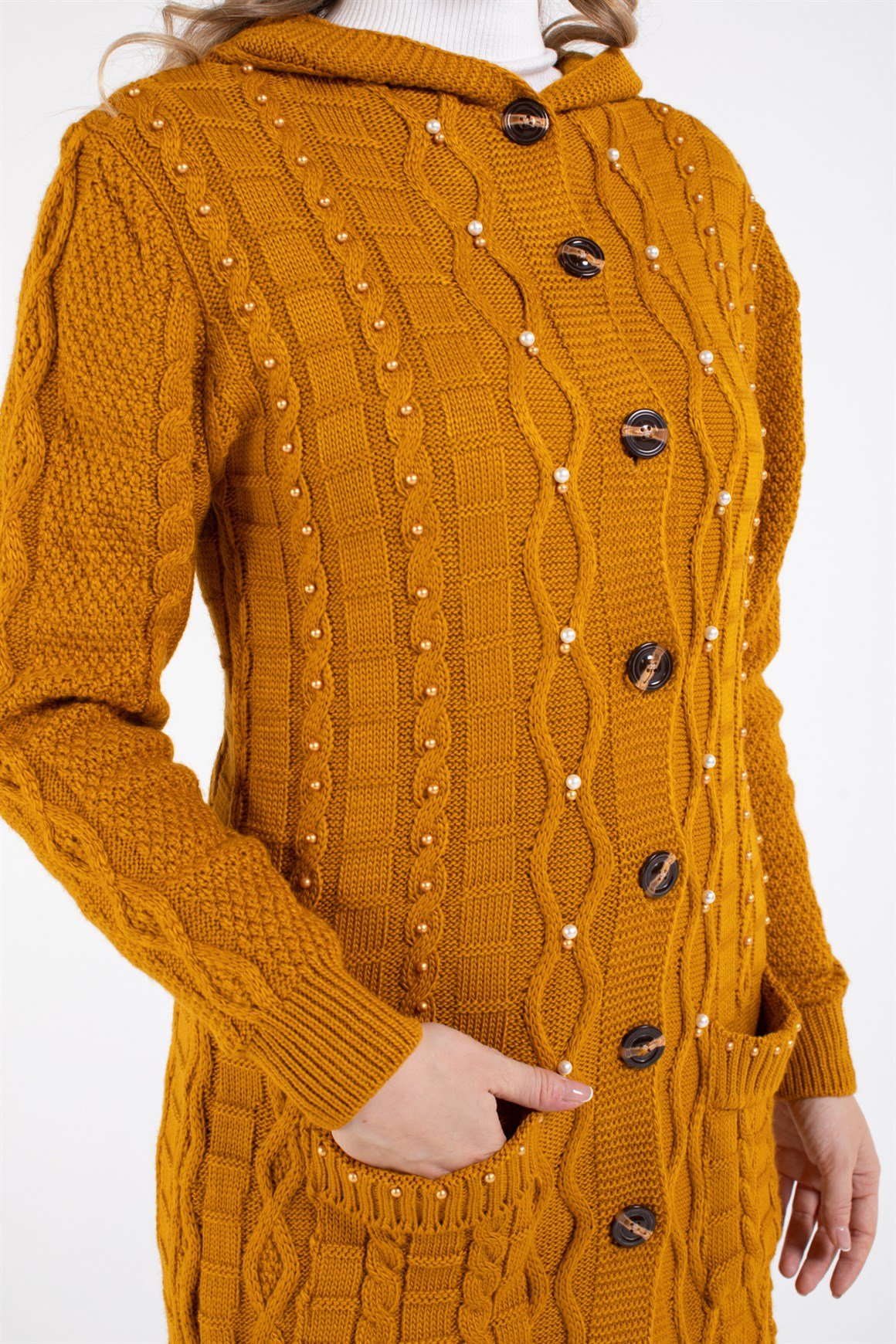 Önden Cepli Kapişonlu Hırka  Hardal