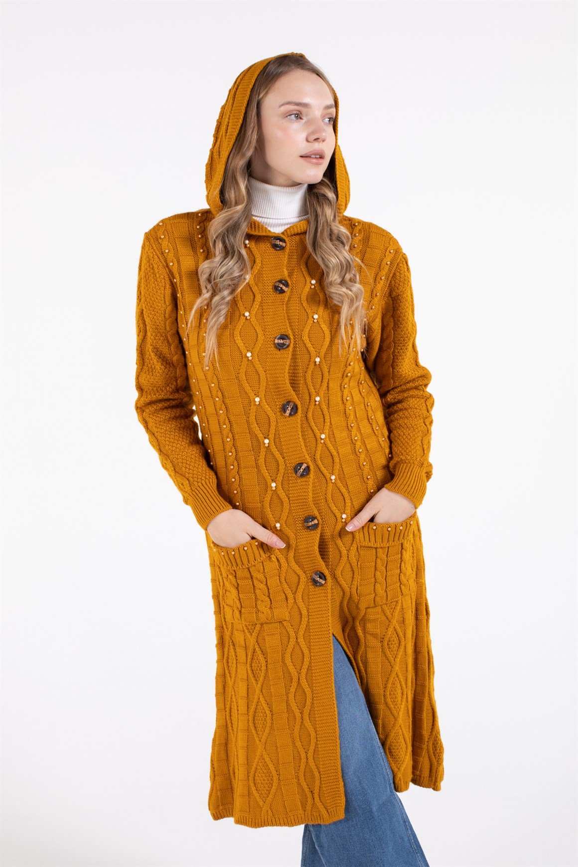 Önden Cepli Kapişonlu Hırka  Hardal