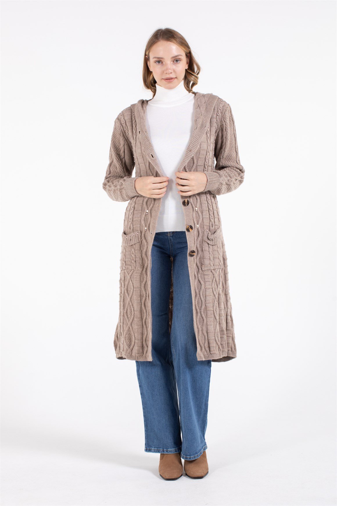 Önden Cepli Kapişonlu Hırka  Camel