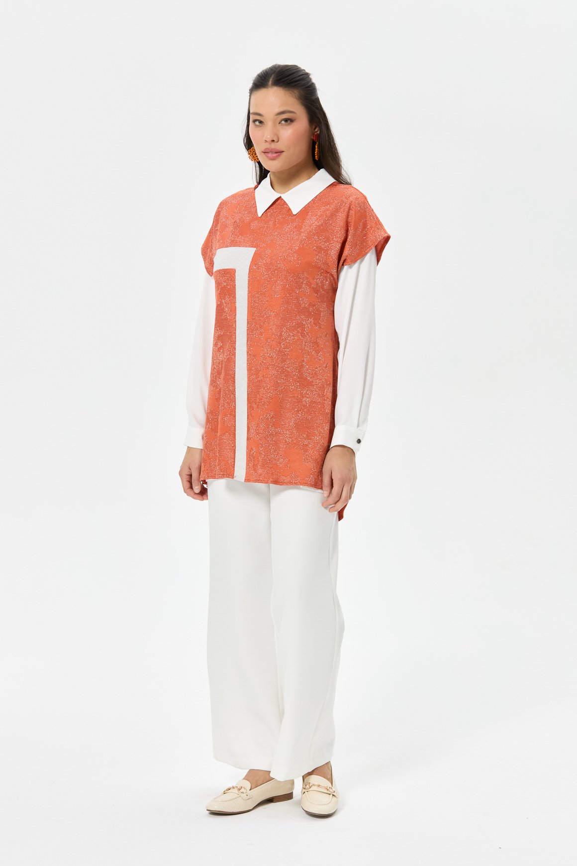 Blok Detaylı Süeterli İç Dış Takım  Oranj