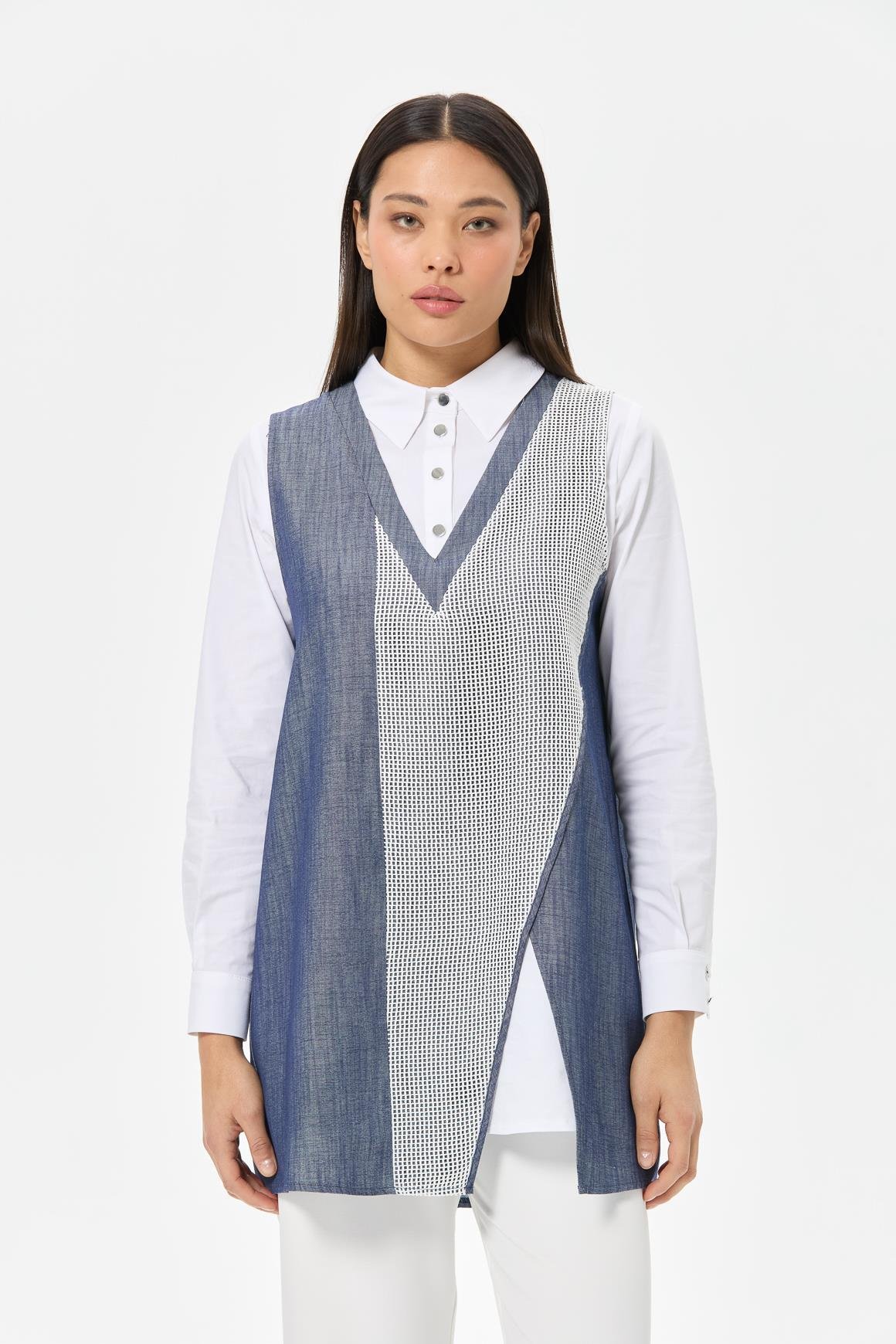 File Detaylı Denim Kumaş İç Dış Takım  Laci