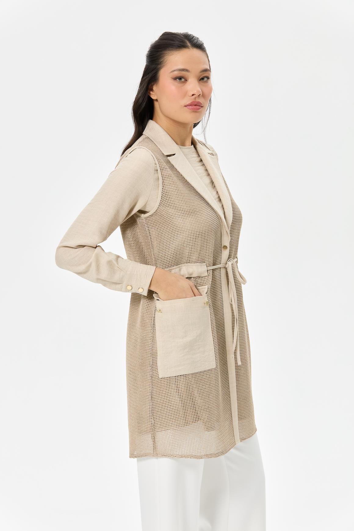 File Yelekli İç Dış Takım  Bej