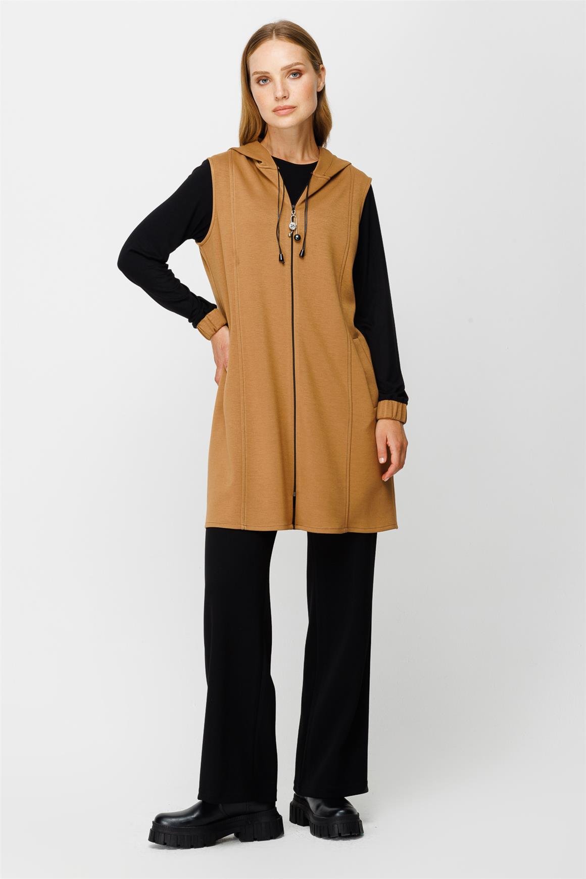 Oysh Kumaş Yelekli İç Dış Takım  Camel