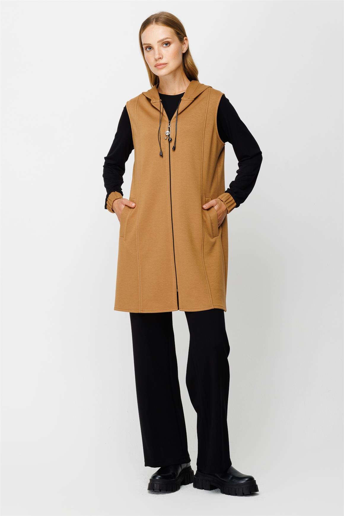 Oysh Kumaş Yelekli İç Dış Takım  Camel