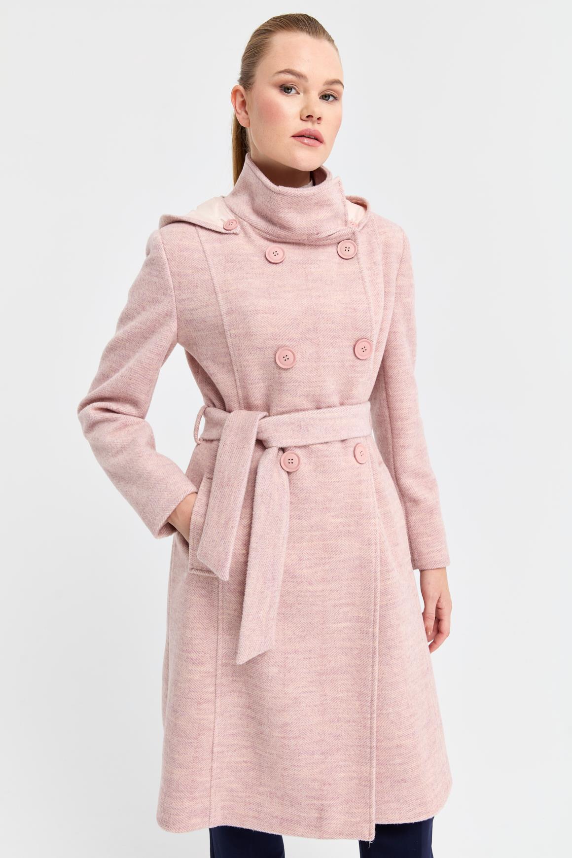 Balıksırtı Dokulu Yün Kaban  Pudra