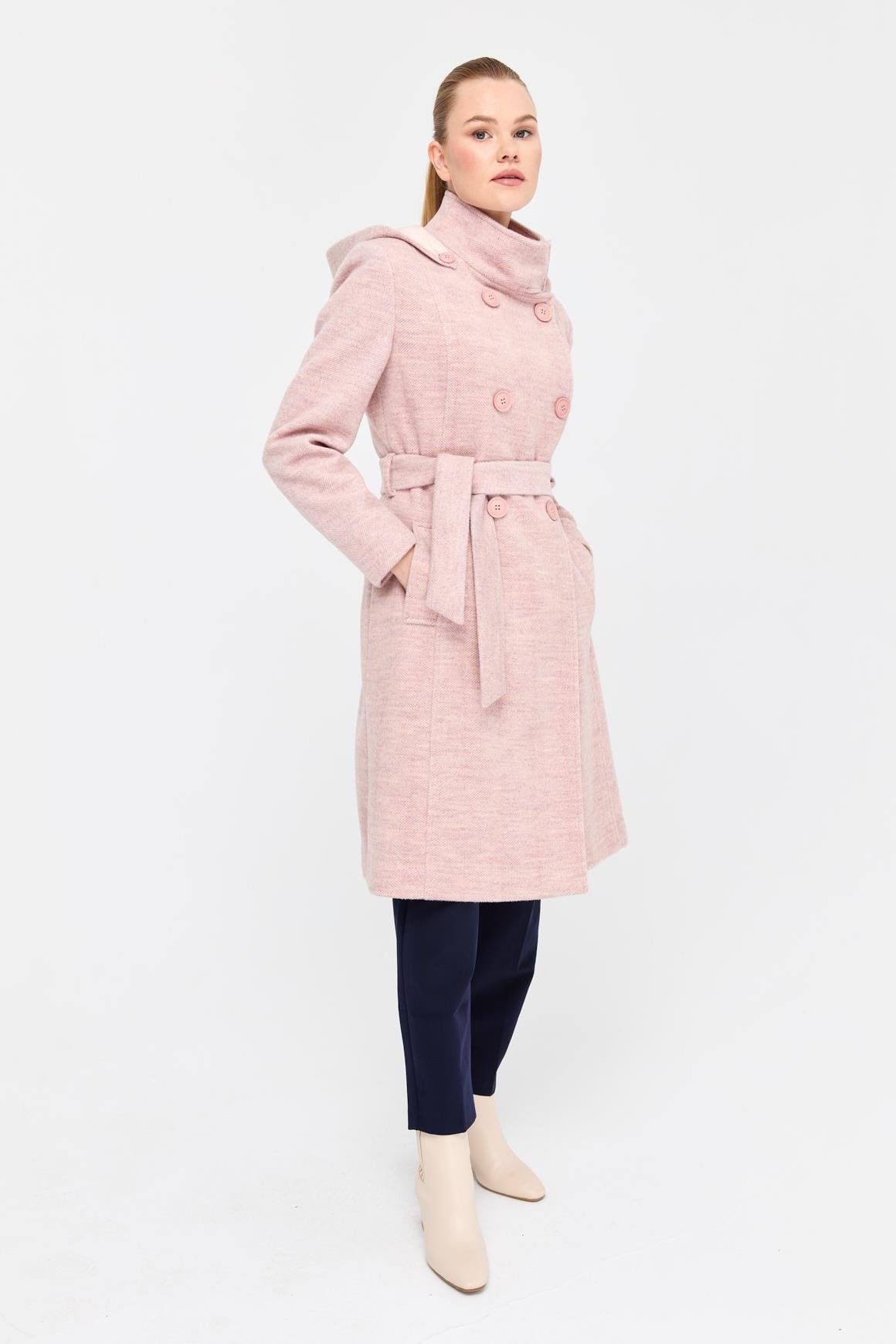 Balıksırtı Dokulu Yün Kaban  Pudra