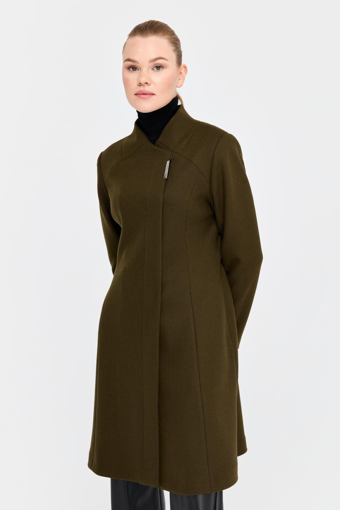 Çıt Çıt Düğmeli Yakasız Kaban  Haki