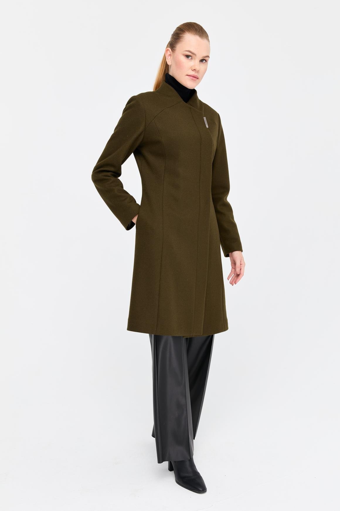 Çıt Çıt Düğmeli Yakasız Kaban  Haki