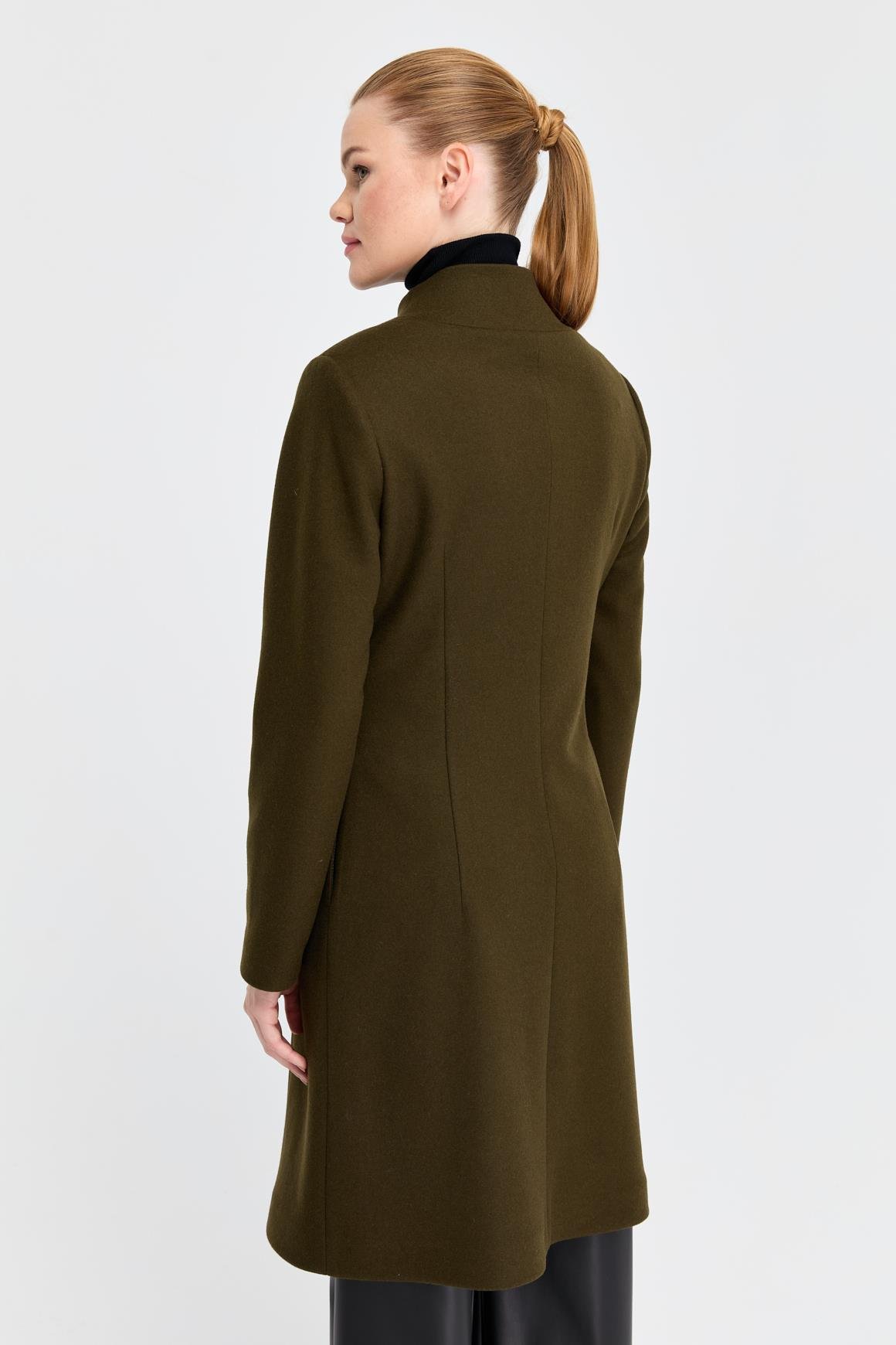 Çıt Çıt Düğmeli Yakasız Kaban  Haki