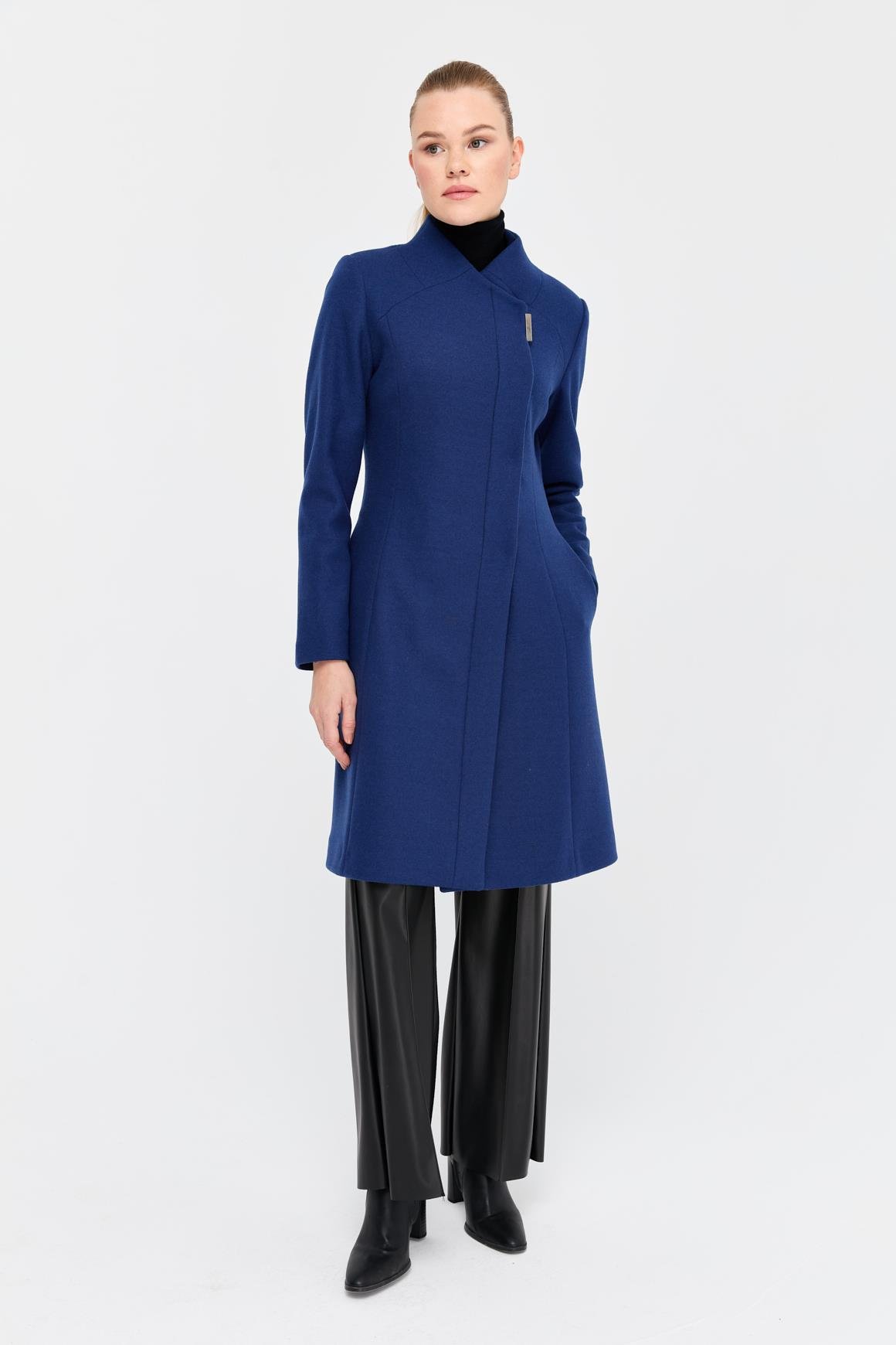 Çıt Çıt Düğmeli Yakasız Kaban  İndigo