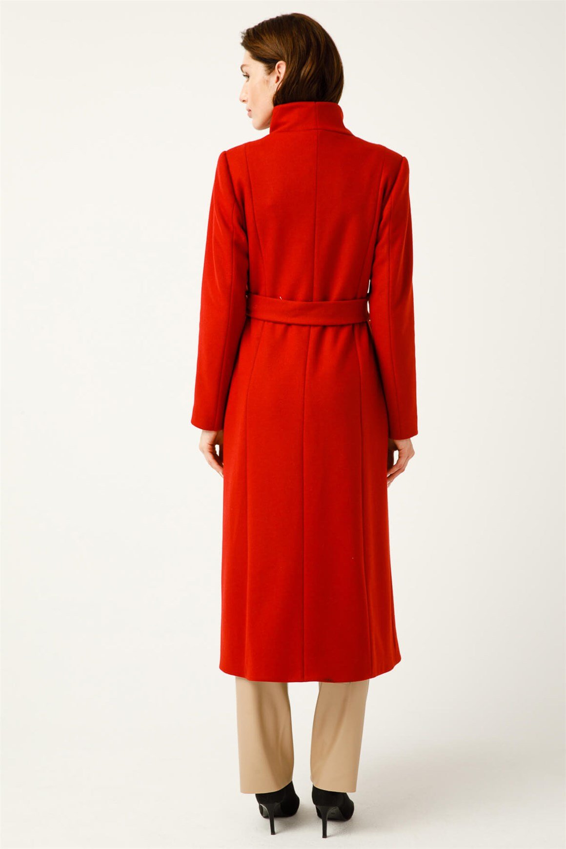 Degaje Yaka Verev Kapamalı Kaban  Kırmızı