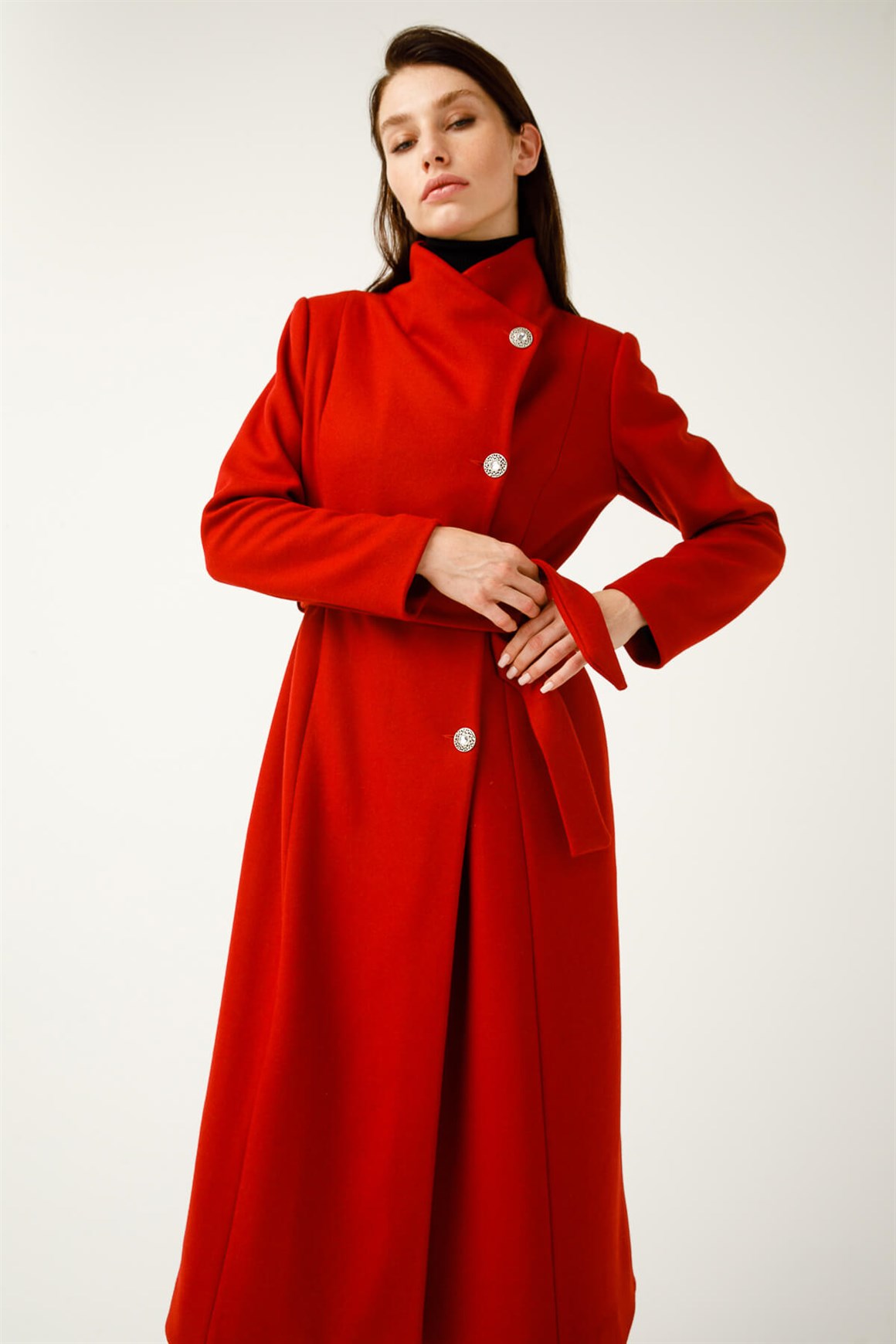 Degaje Yaka Verev Kapamalı Kaban  Kırmızı