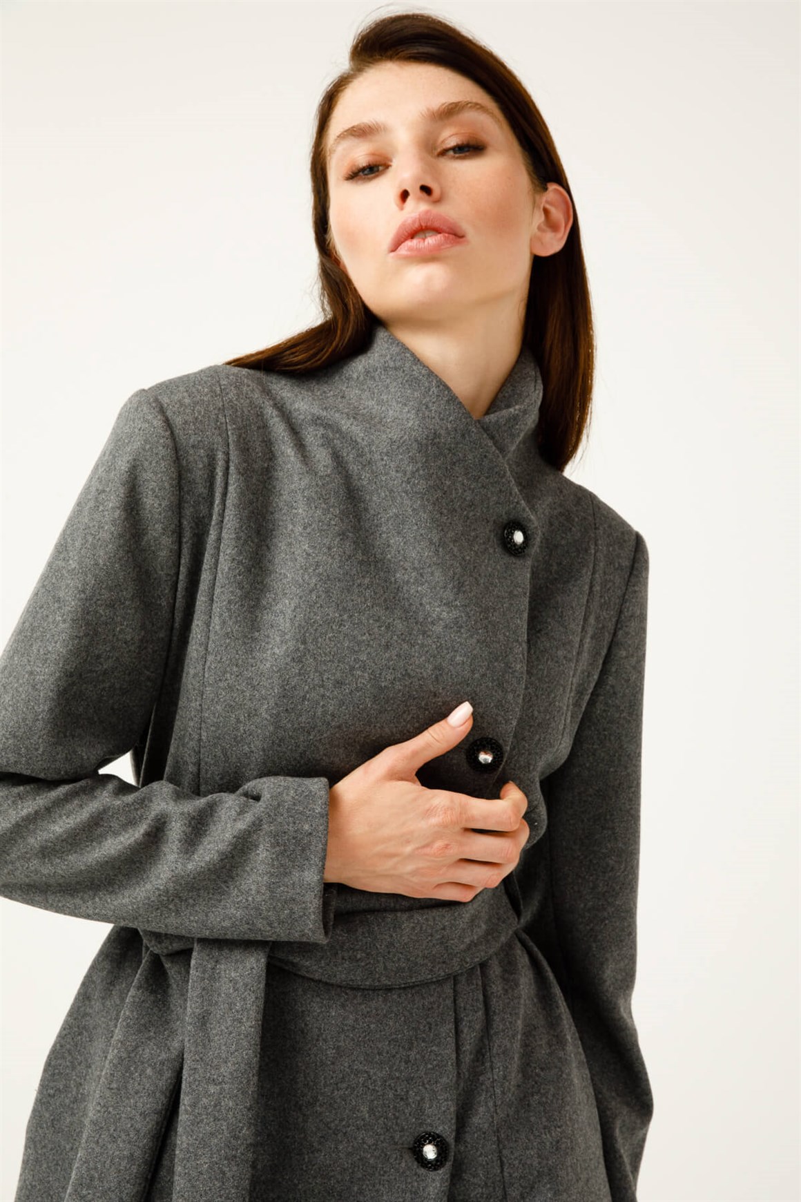 Degaje Yaka Verev Kapamalı Kaban  Antrasit