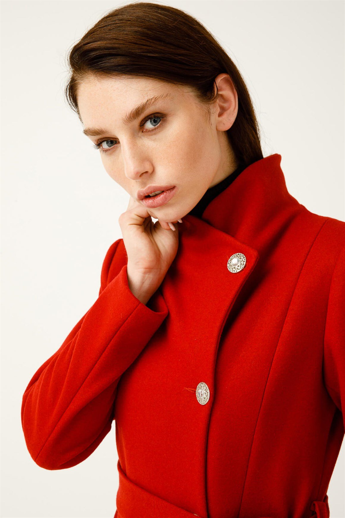 Degaje Yaka Verev Kapamalı Kaban  Kırmızı