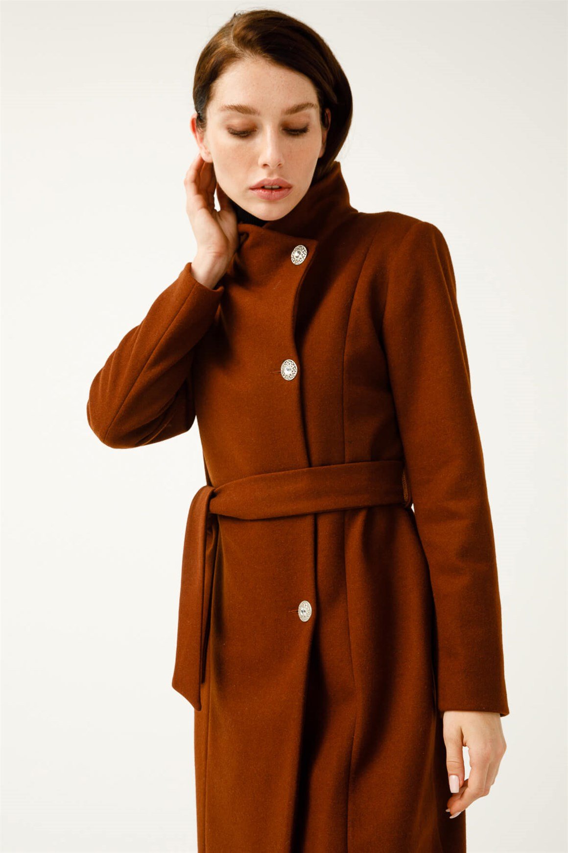 Degaje Yaka Verev Kapamalı Kaban  Kahve