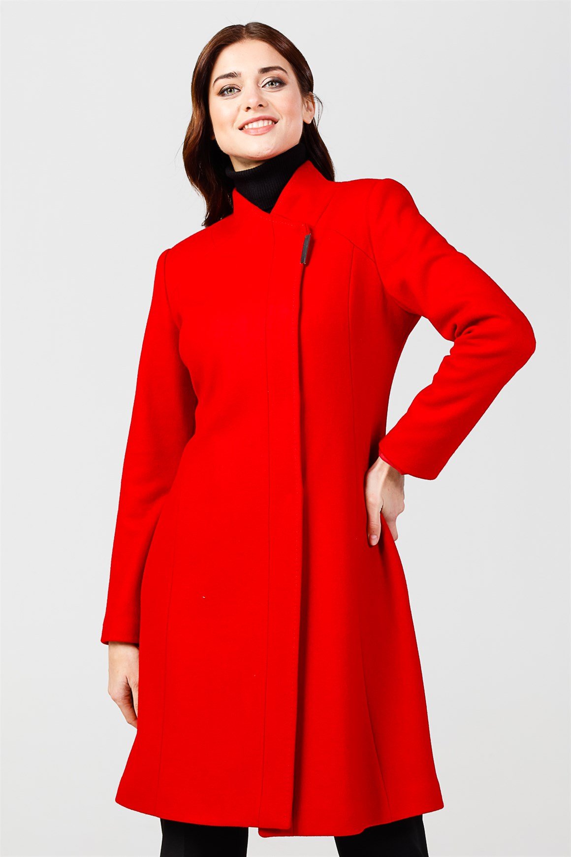 Kırmızı - Çıt Çıt Düğmeli Yakasız Kaban