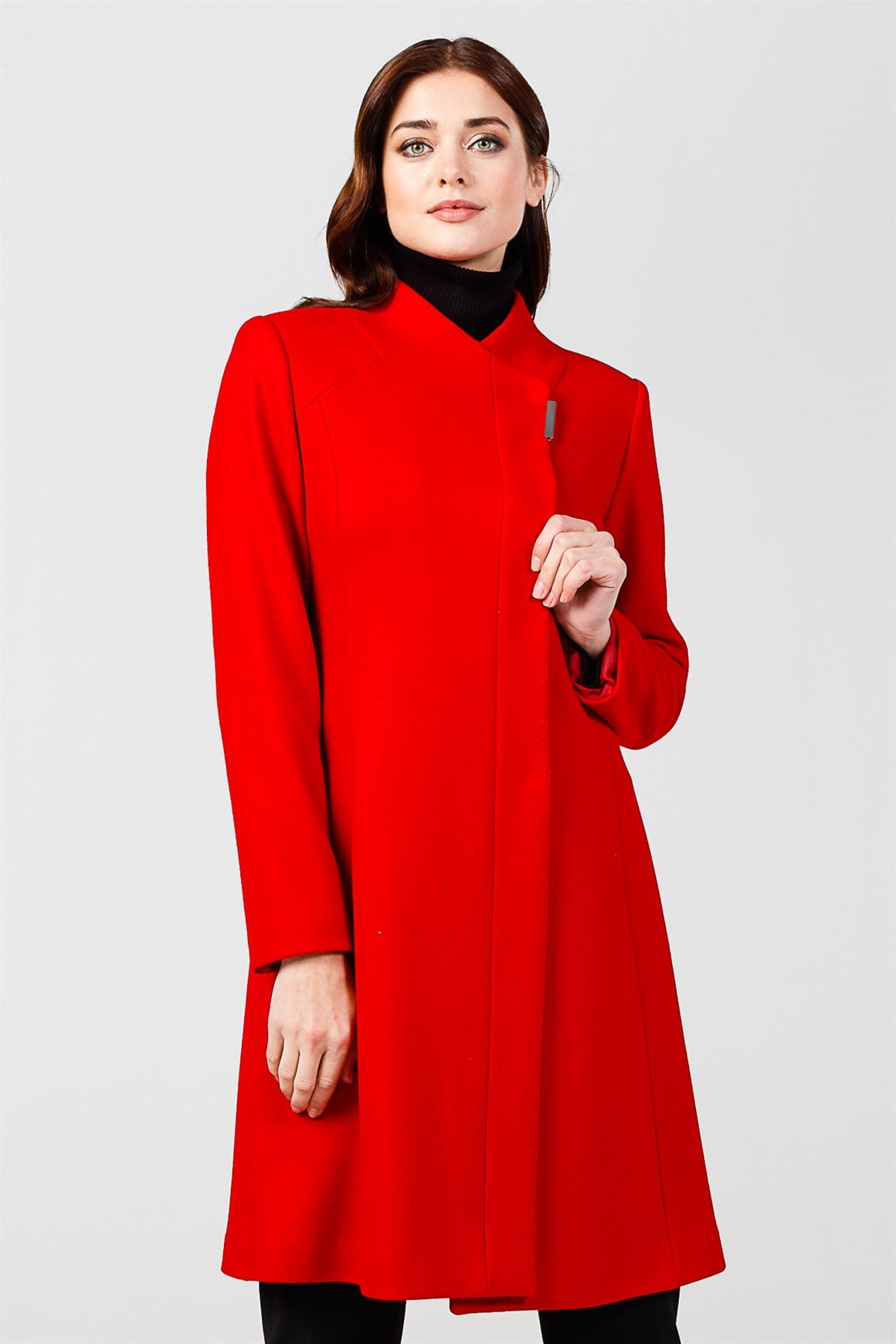 Kırmızı - Çıt Çıt Düğmeli Yakasız Kaban