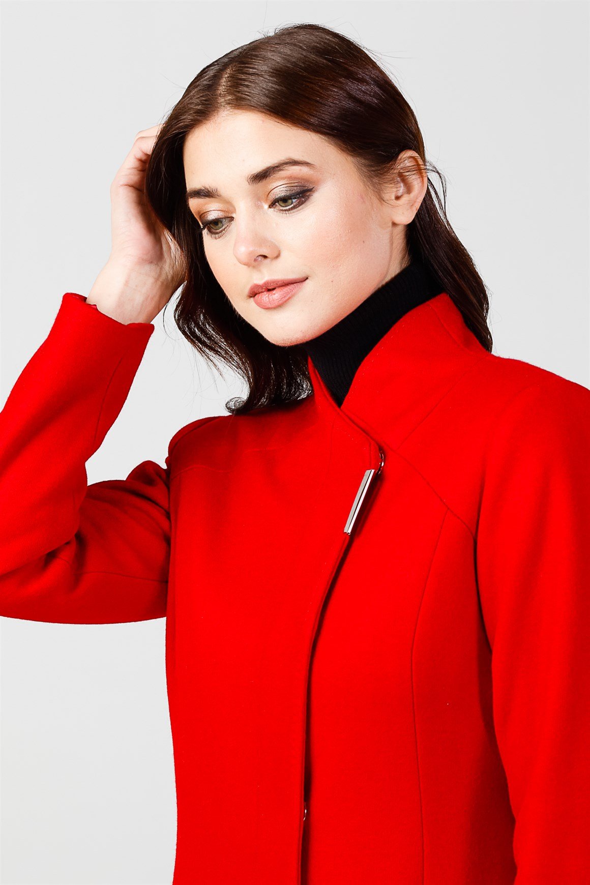 Kırmızı - Çıt Çıt Düğmeli Yakasız Kaban