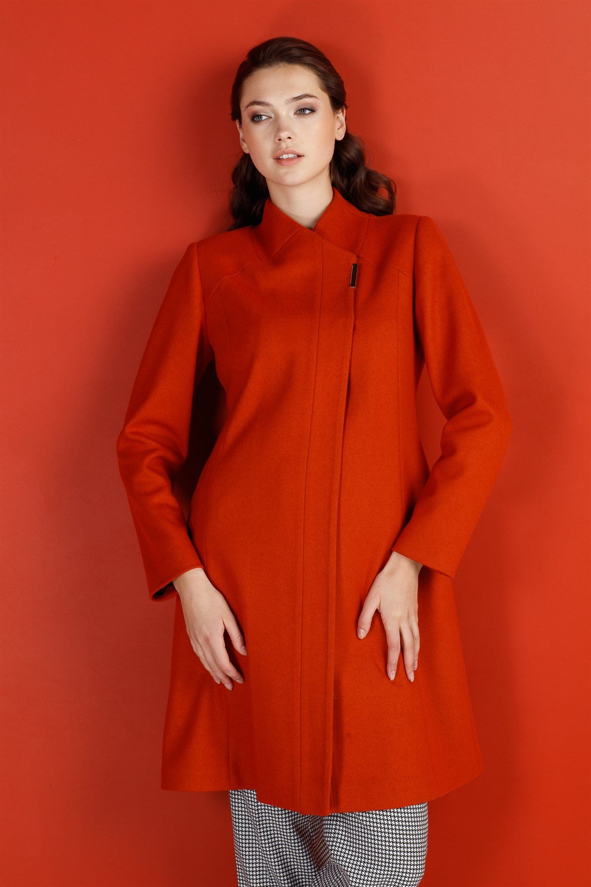 Oranj - Çıt Çıt Düğmeli Yakasız Kaban