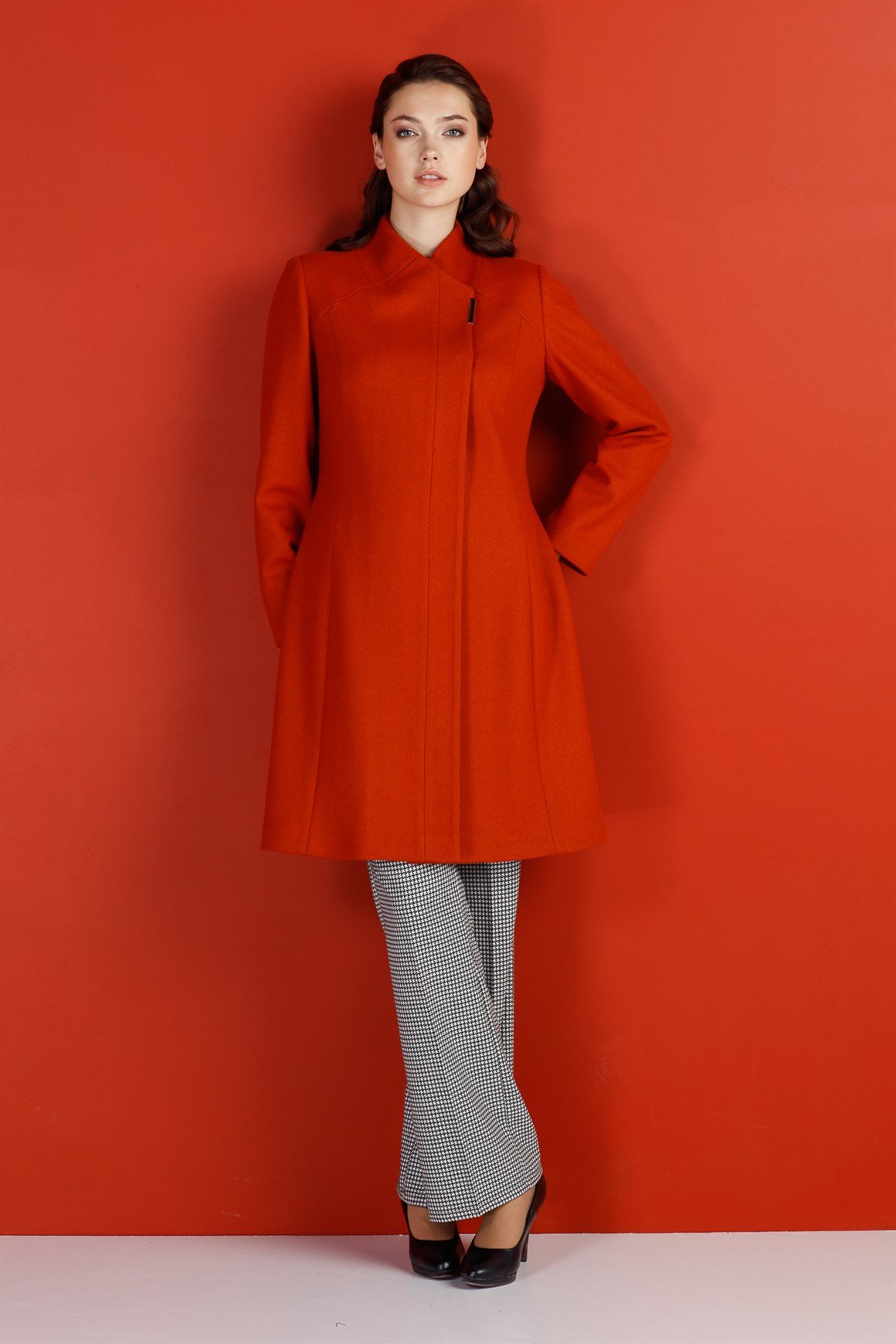 Oranj - Çıt Çıt Düğmeli Yakasız Kaban