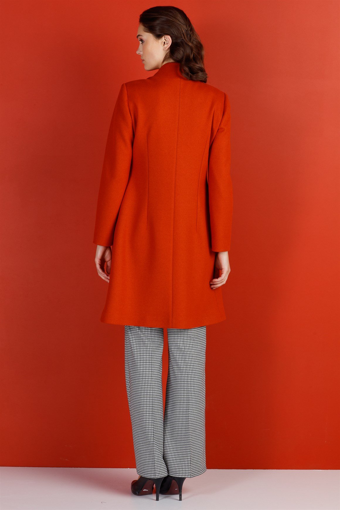 Oranj - Çıt Çıt Düğmeli Yakasız Kaban