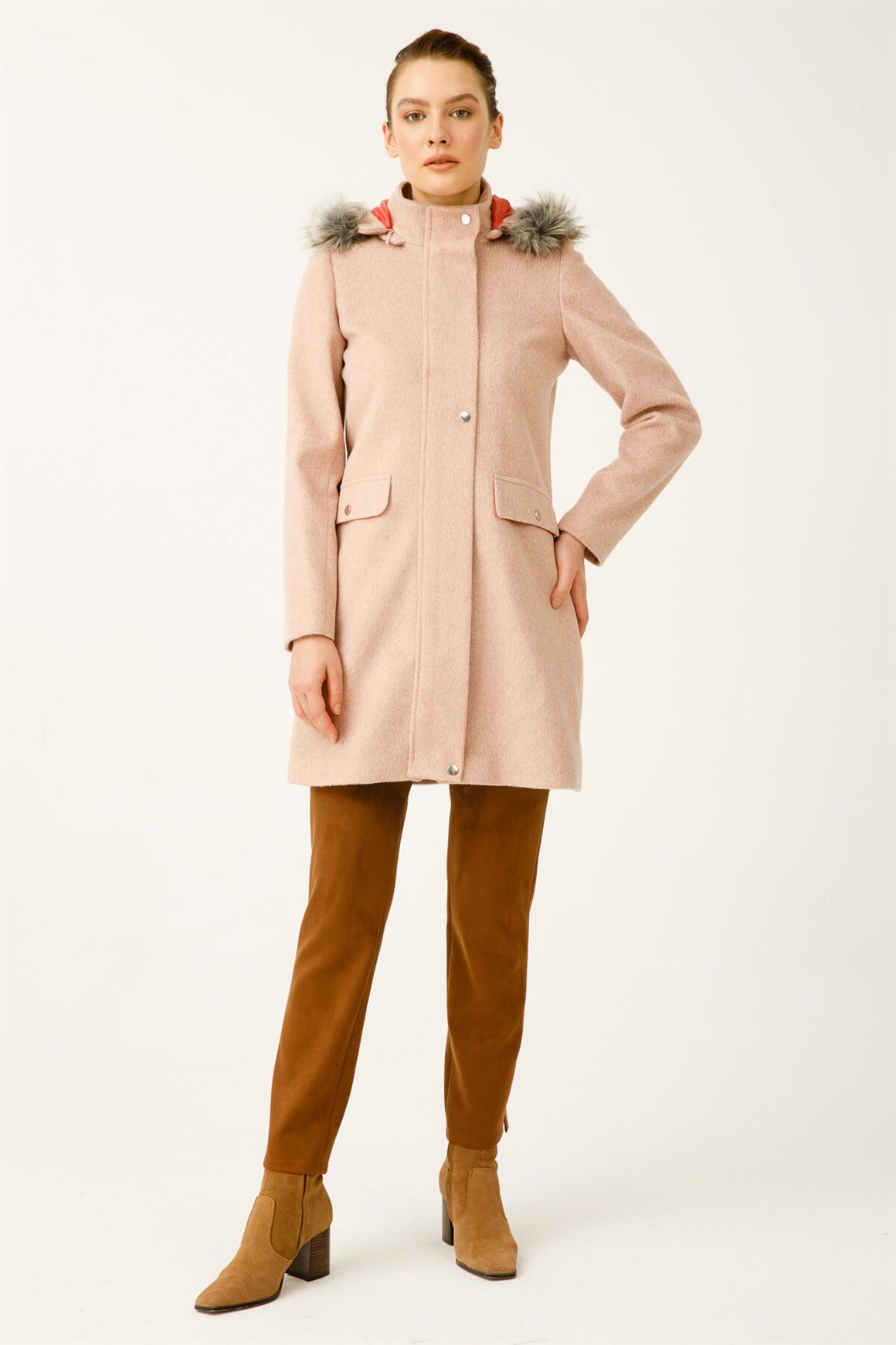 Yün Kumaş Fermuar Kapamalı Kapişonlu Kaban  Pudra