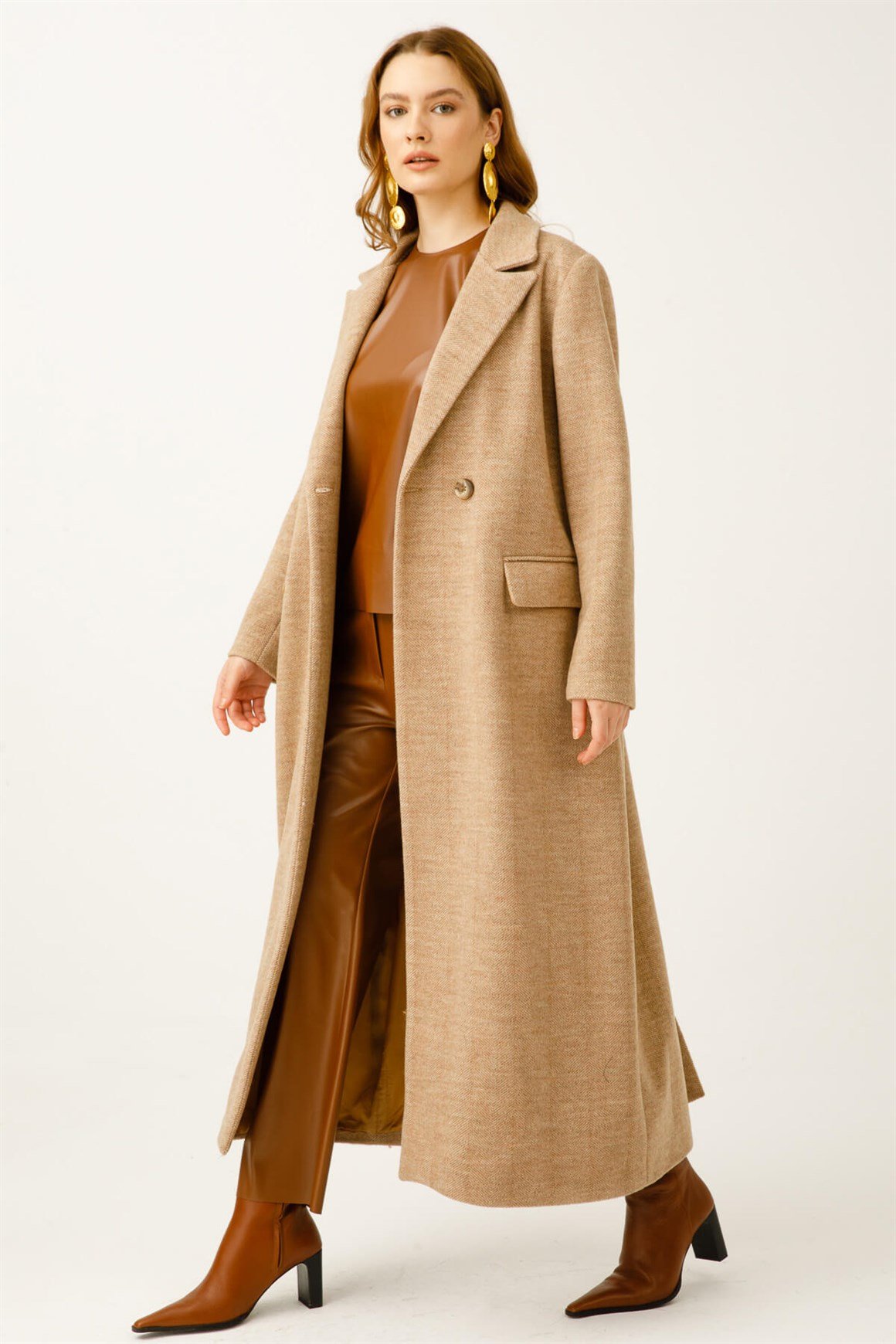 Balıksırtı Yün Kumaş Manto  Camel