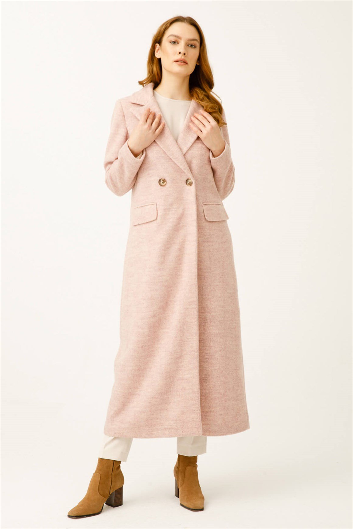 Balıksırtı Yün Kumaş Manto  Pudra