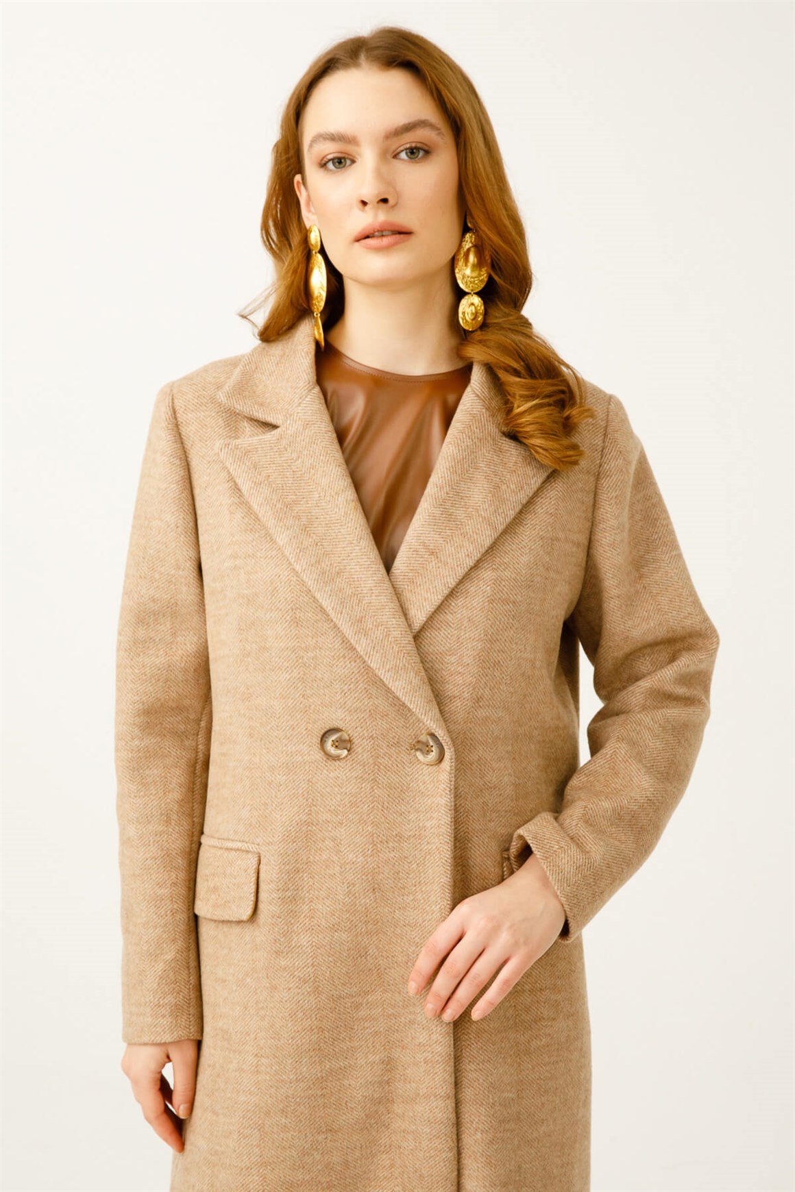 Balıksırtı Yün Kumaş Manto  Camel