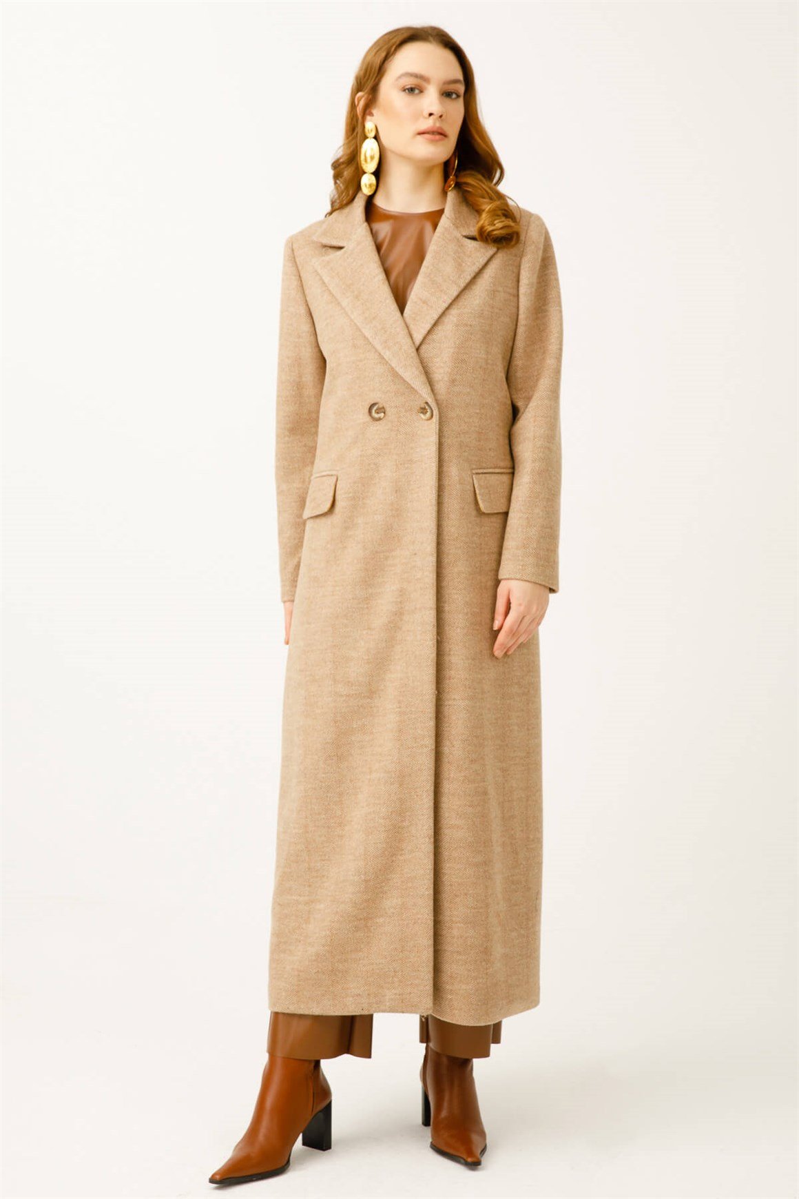 Balıksırtı Yün Kumaş Manto  Camel