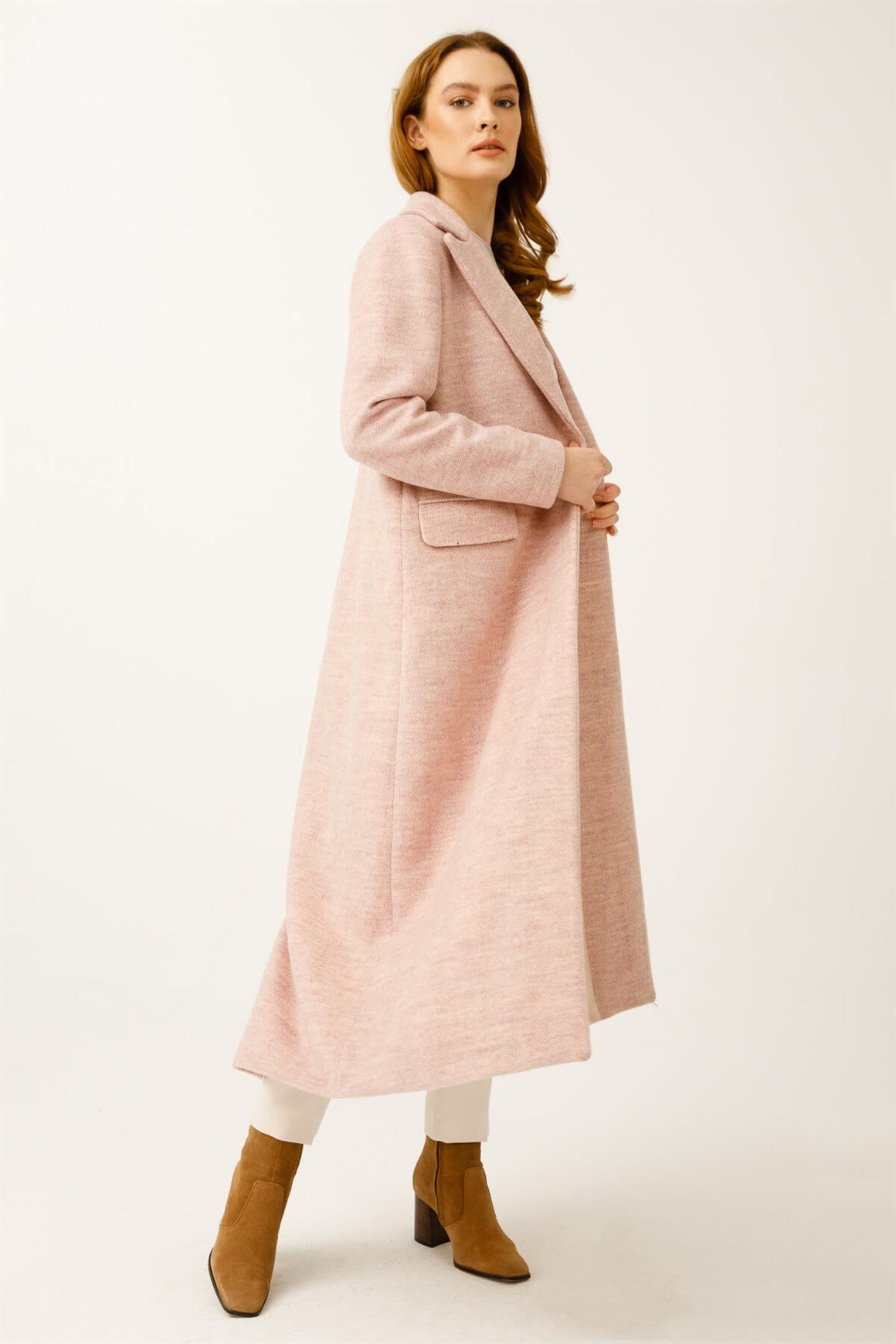 Balıksırtı Yün Kumaş Manto  Pudra