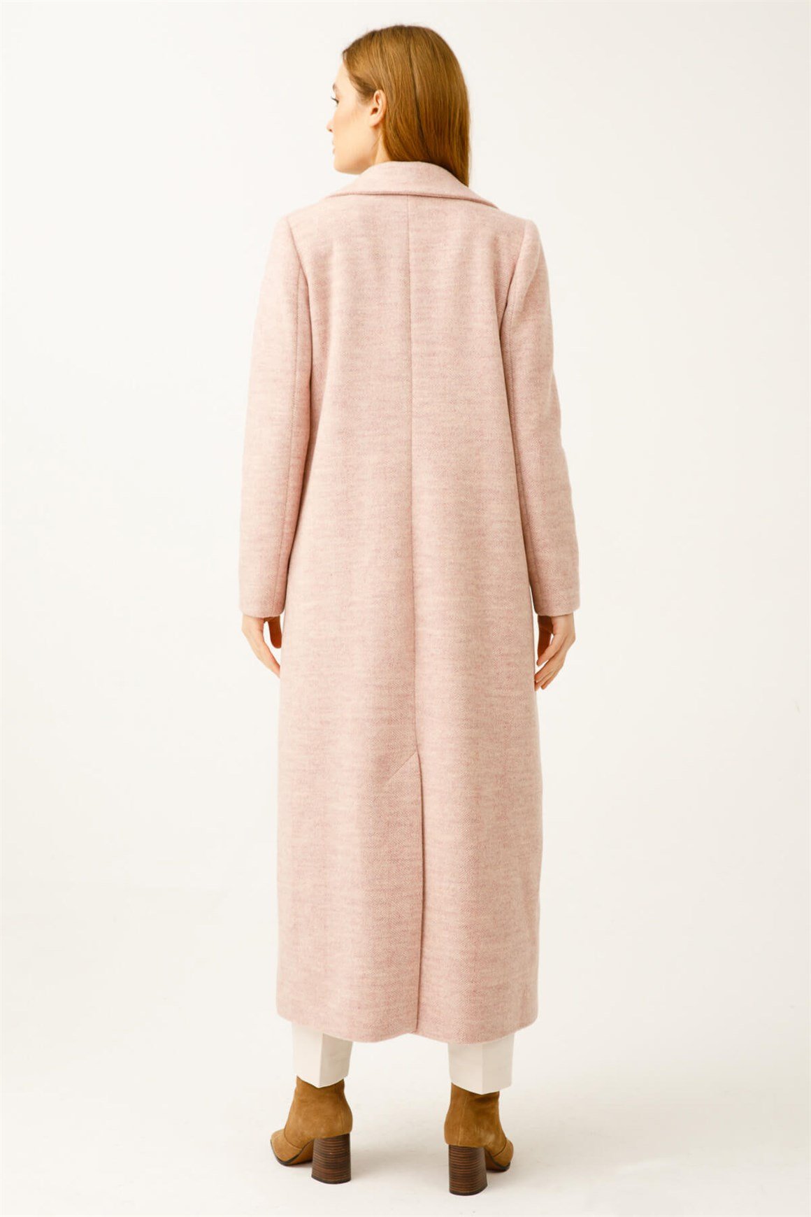 Balıksırtı Yün Kumaş Manto  Pudra