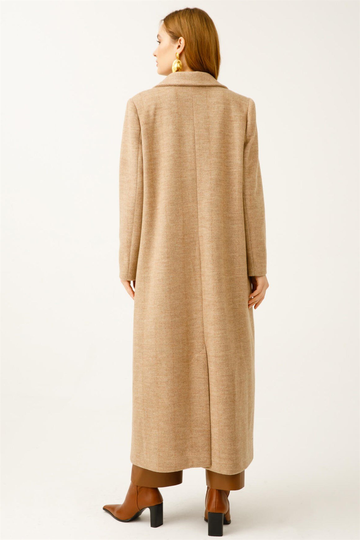 Balıksırtı Yün Kumaş Manto  Camel