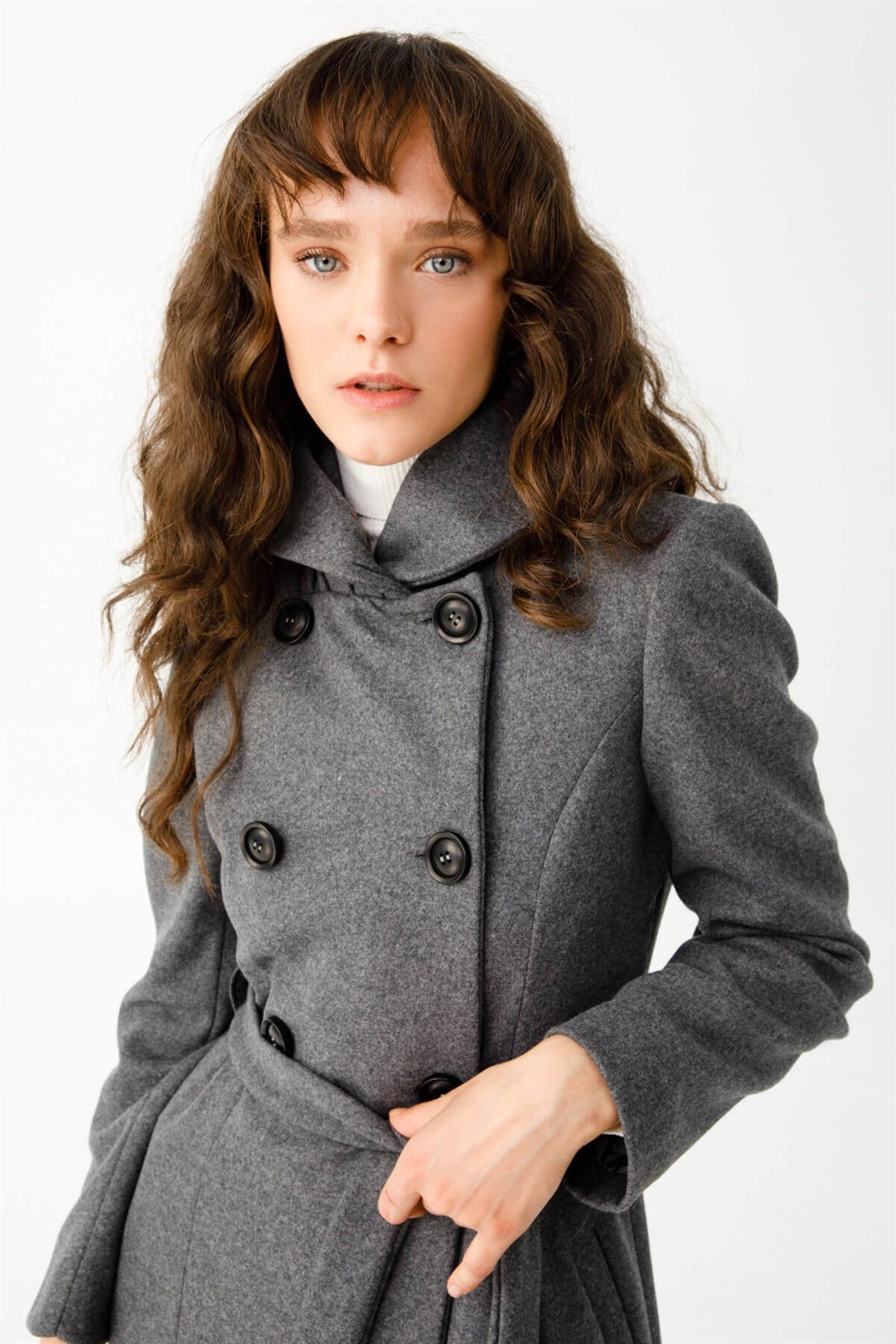 Boğum Yakalı Kruvaze Manto  Antrasit